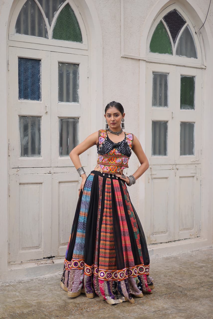 Multi Printed Gamthi Embroidered & Embellished Work Lehenga Top