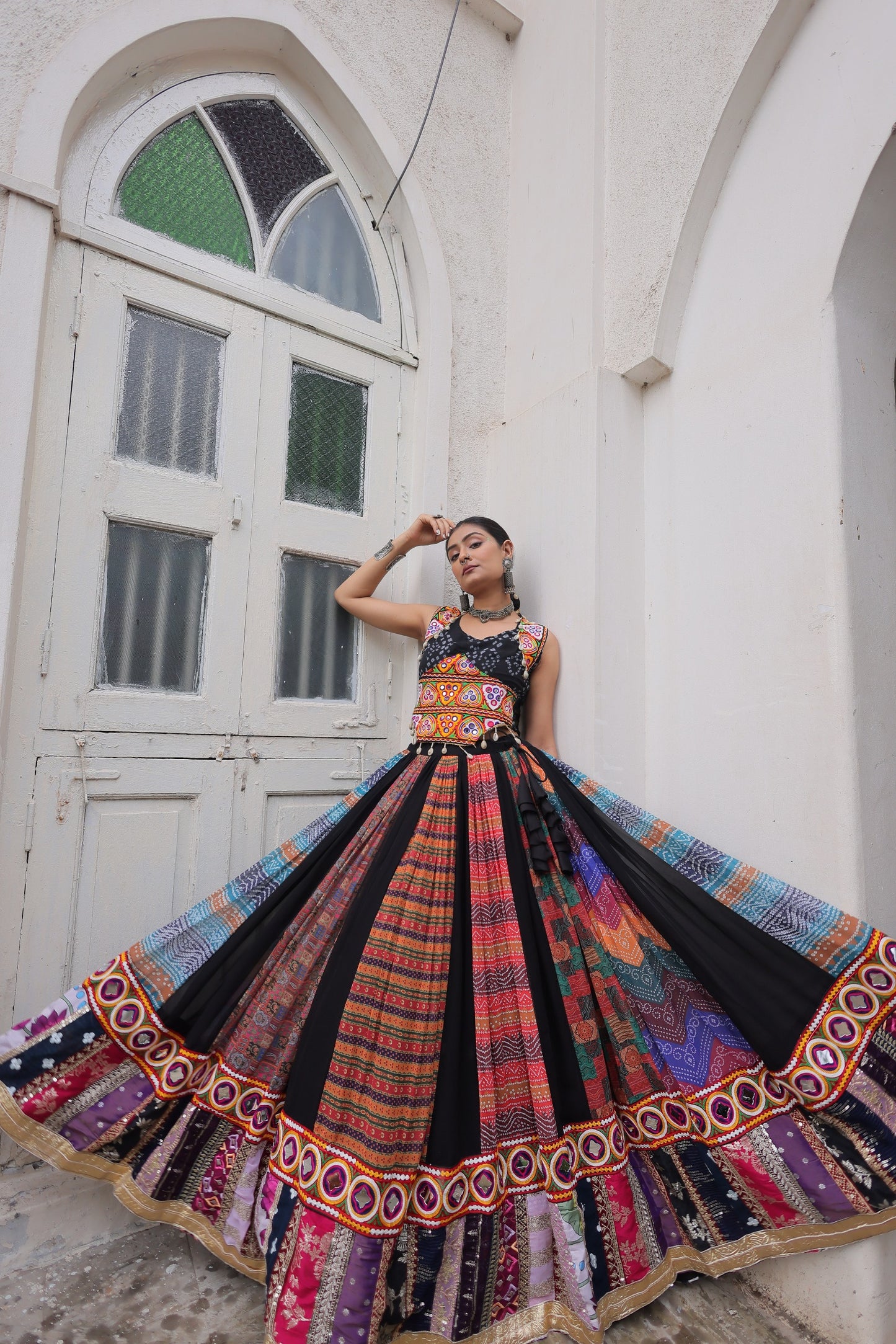 Multi Printed Gamthi Embroidered & Embellished Work Lehenga Top