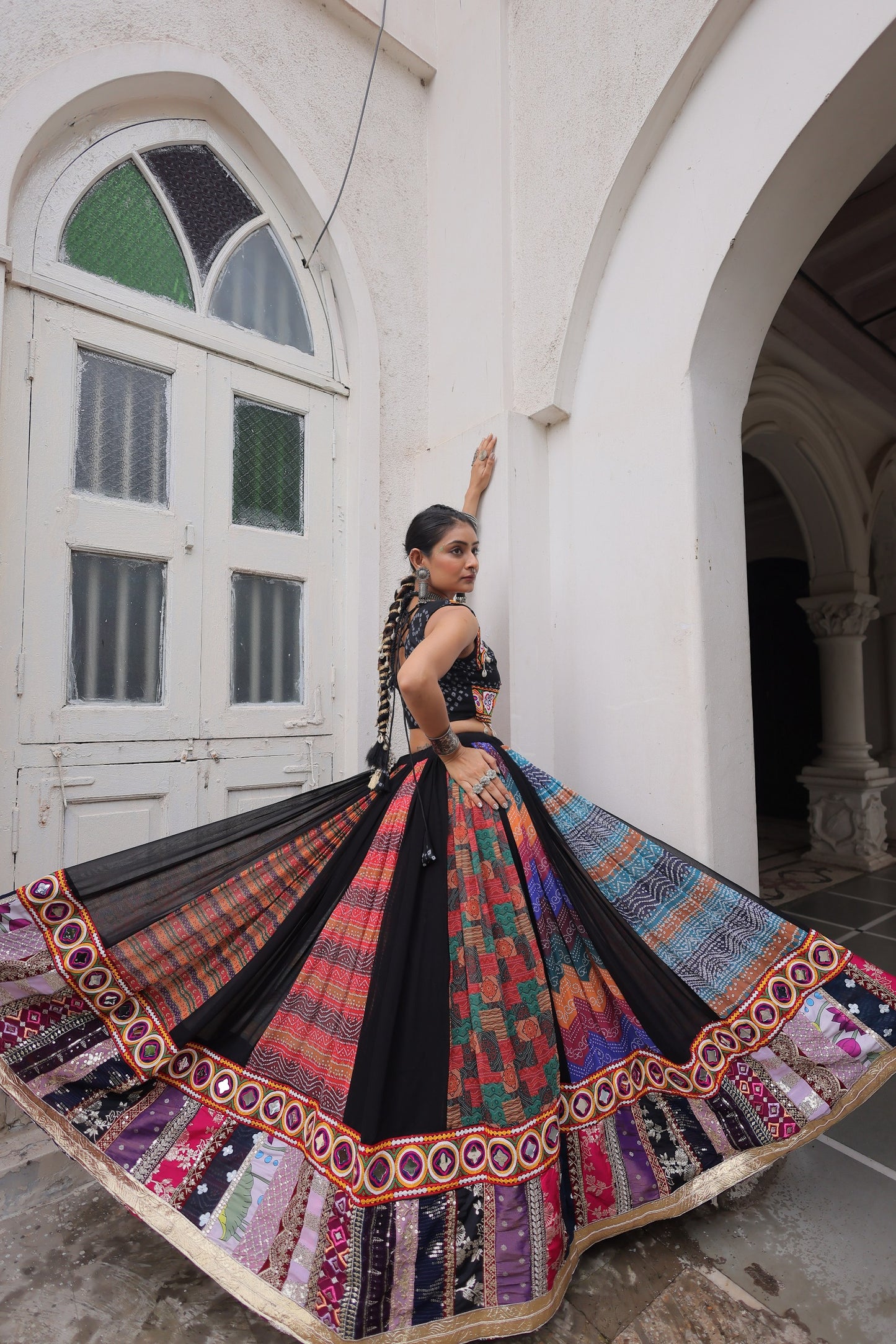 Multi Printed Gamthi Embroidered & Embellished Work Lehenga Top