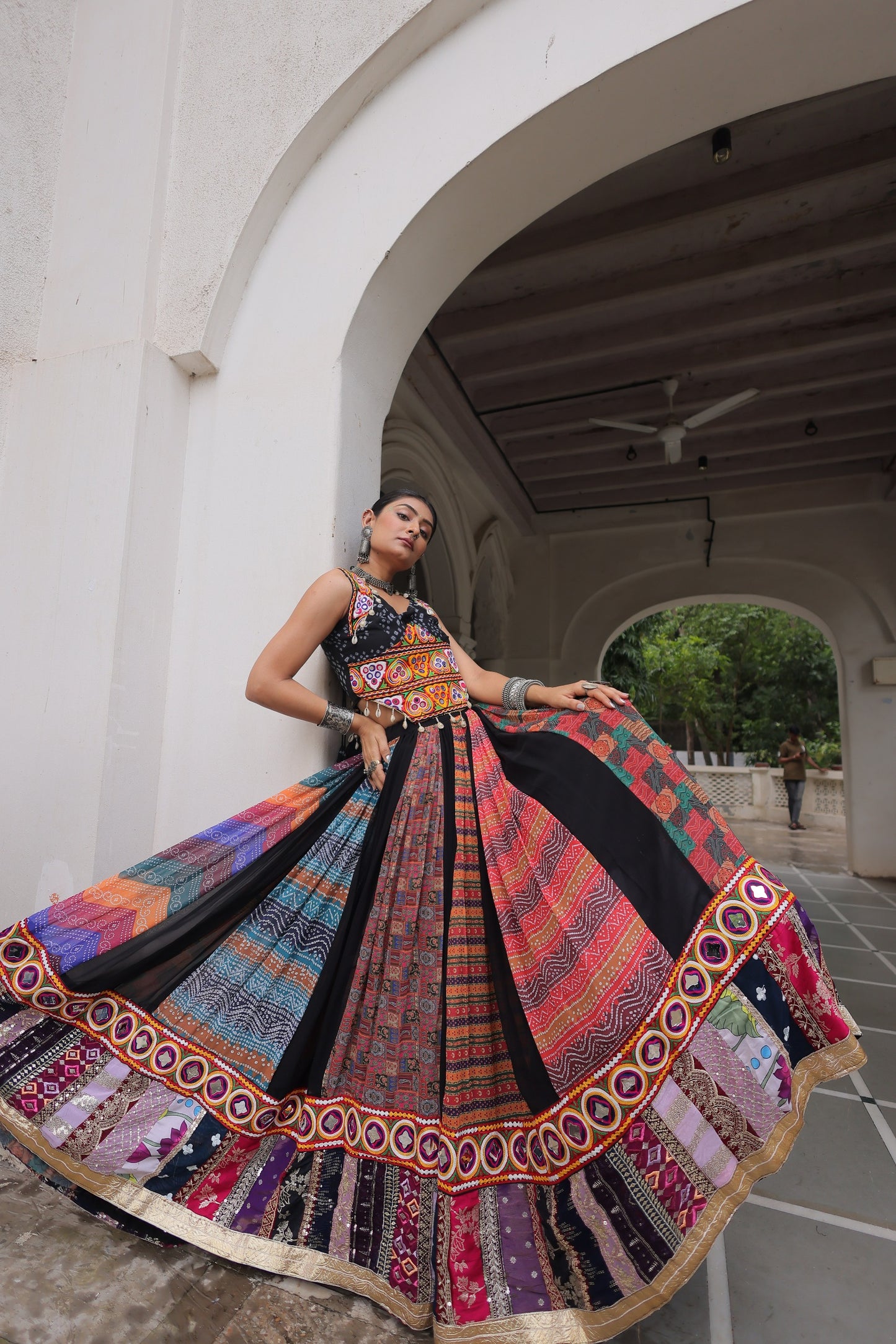 Multi Printed Gamthi Embroidered & Embellished Work Lehenga Top