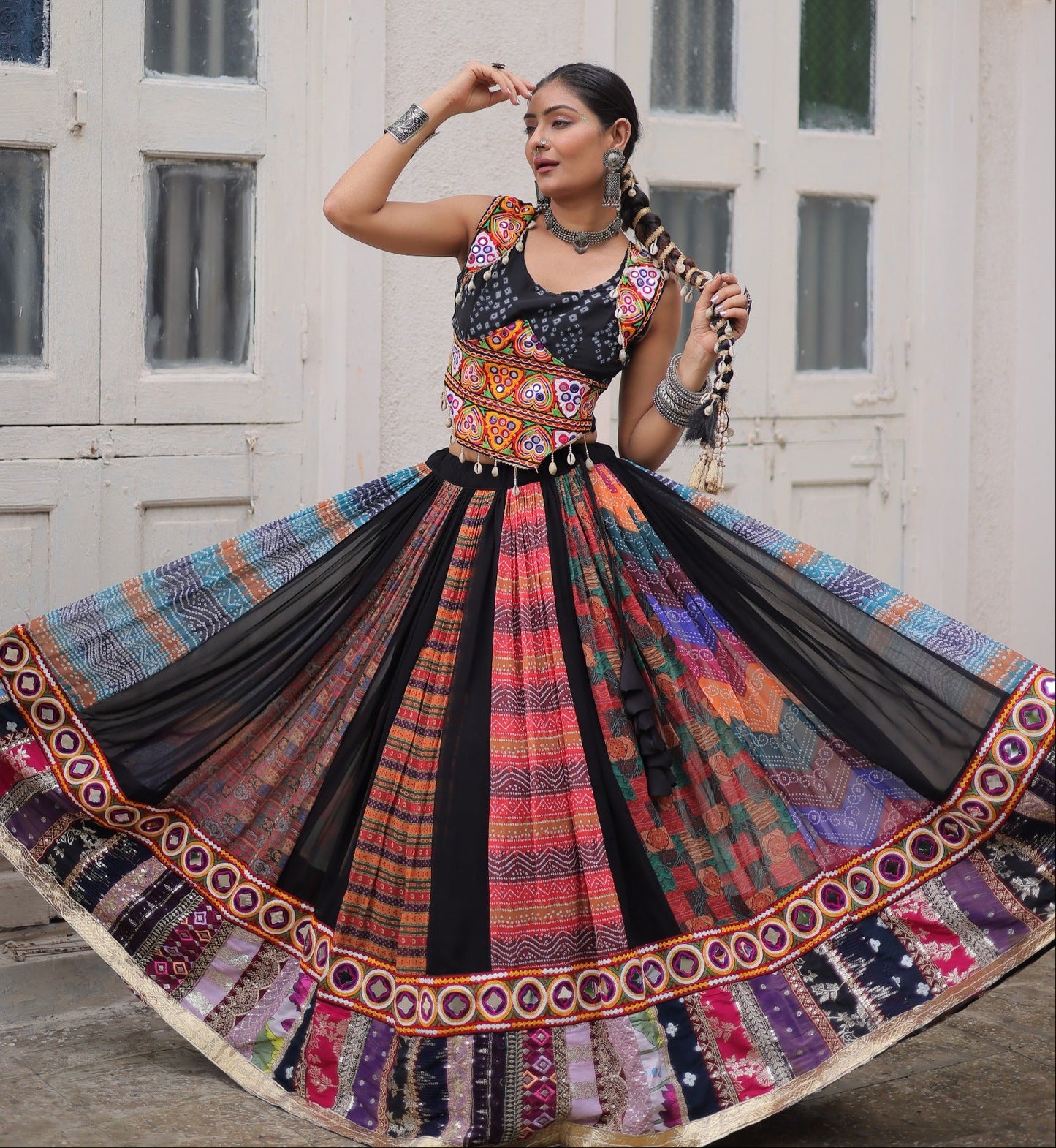Multi Printed Gamthi Embroidered & Embellished Work Lehenga Top