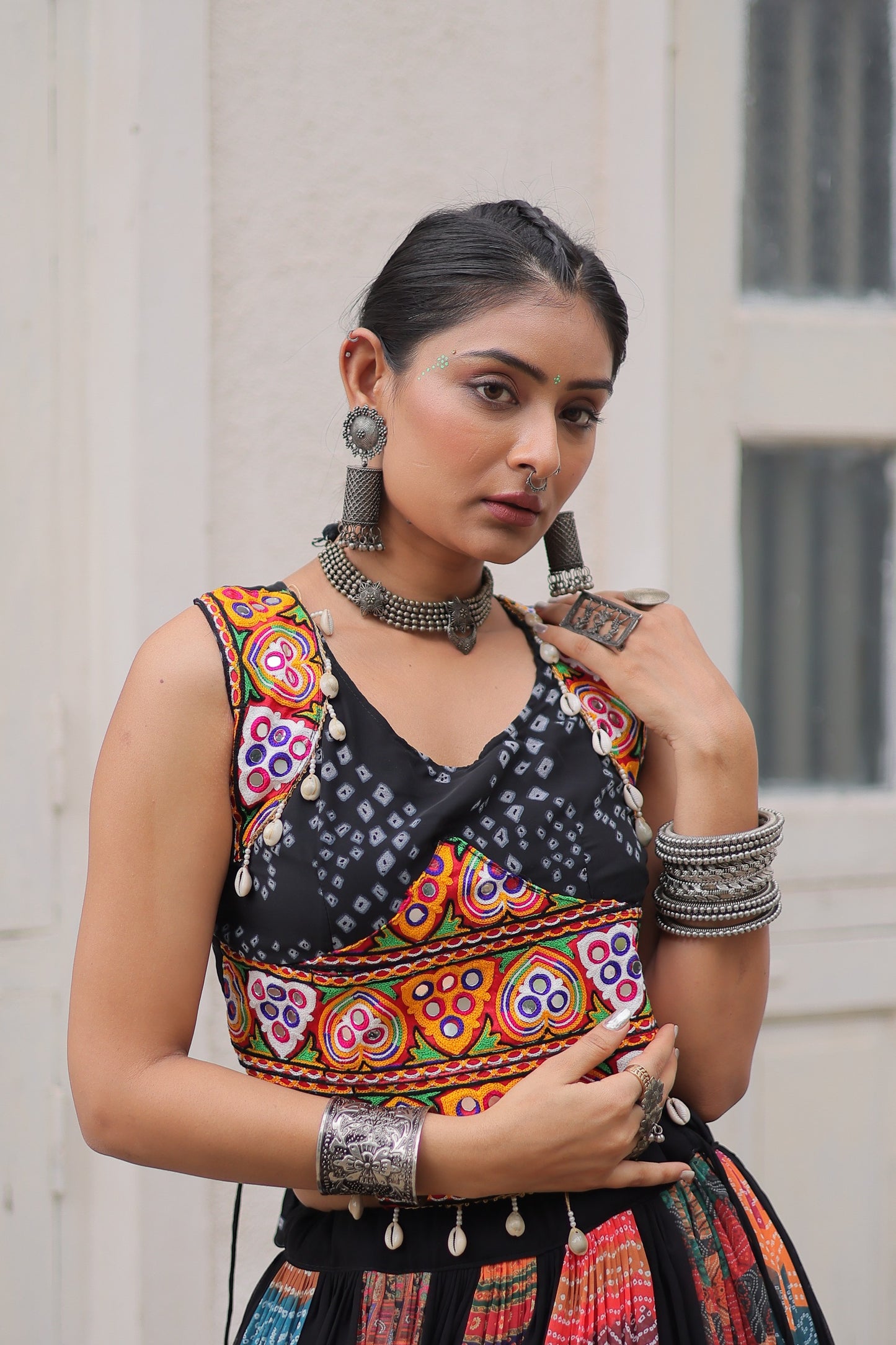 Multi Printed Gamthi Embroidered & Embellished Work Lehenga Top
