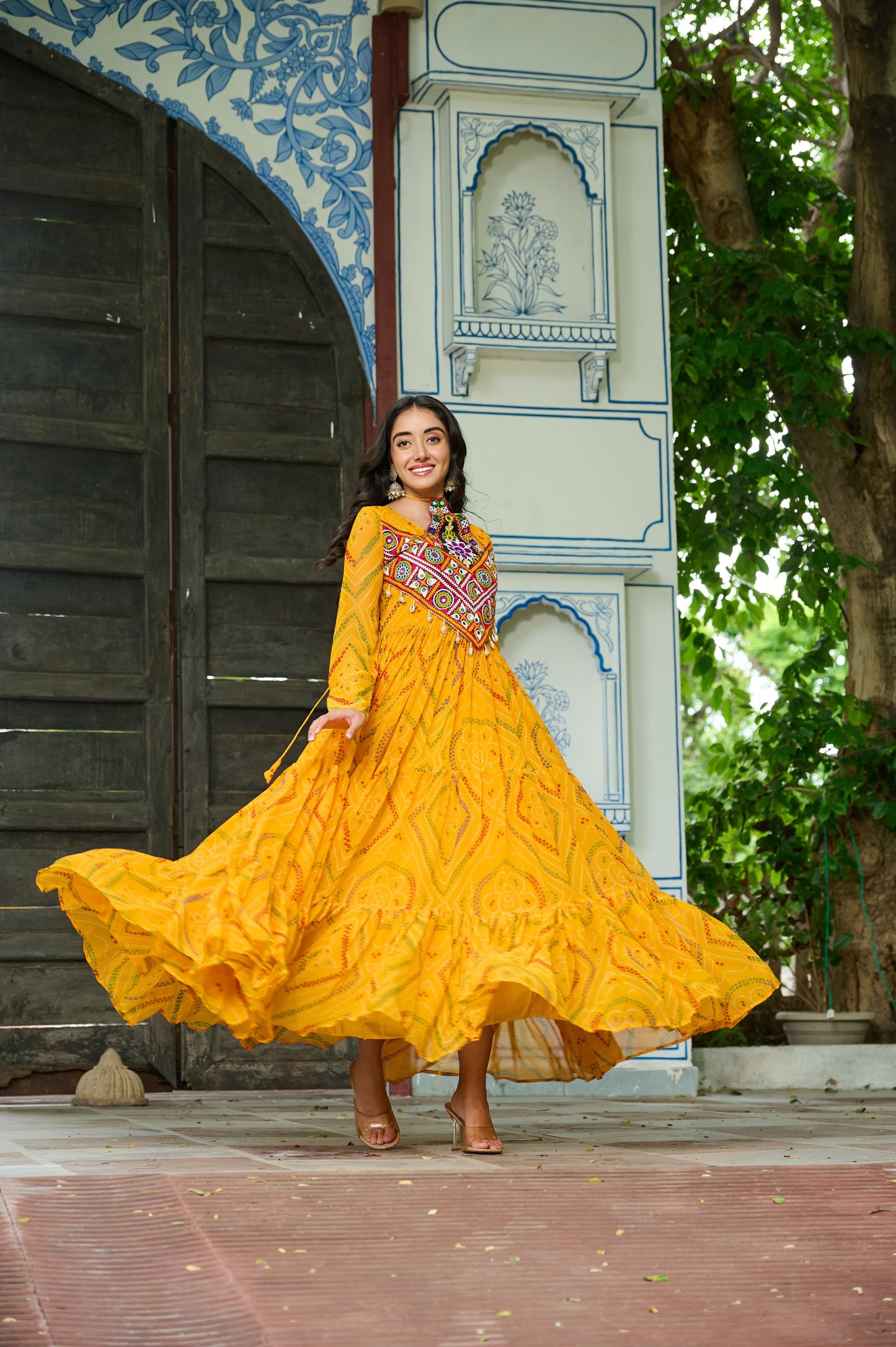 Yellow Bandhani Print With Kutchi Patchwork in Faux Georgette