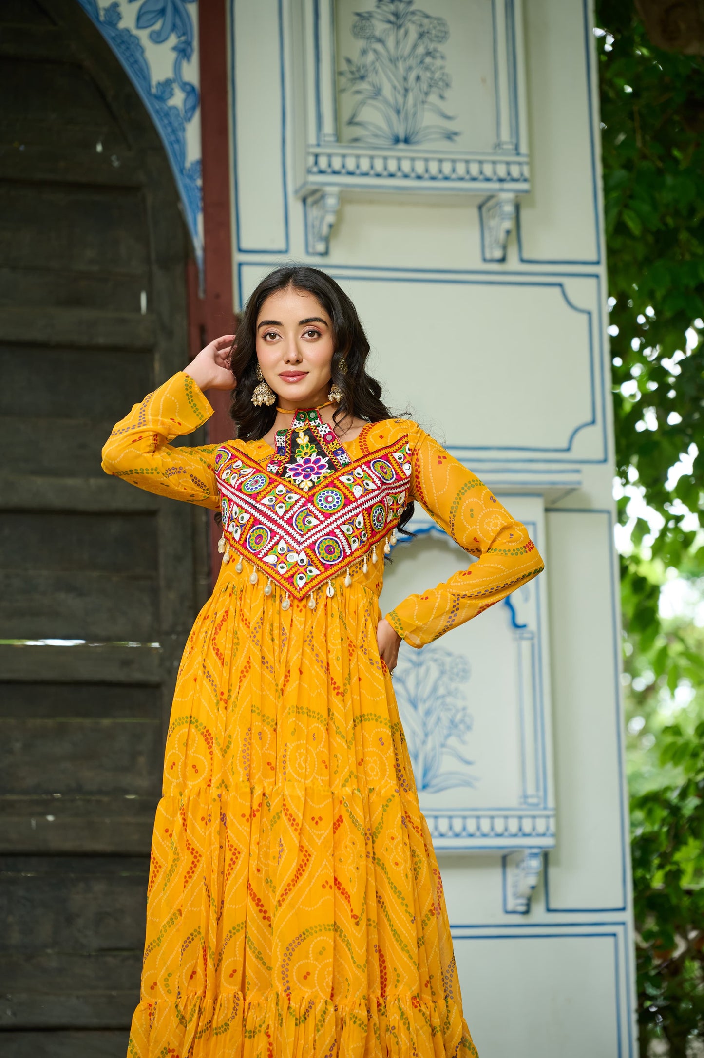 Yellow Bandhani Print With Kutchi Patchwork in Faux Georgette