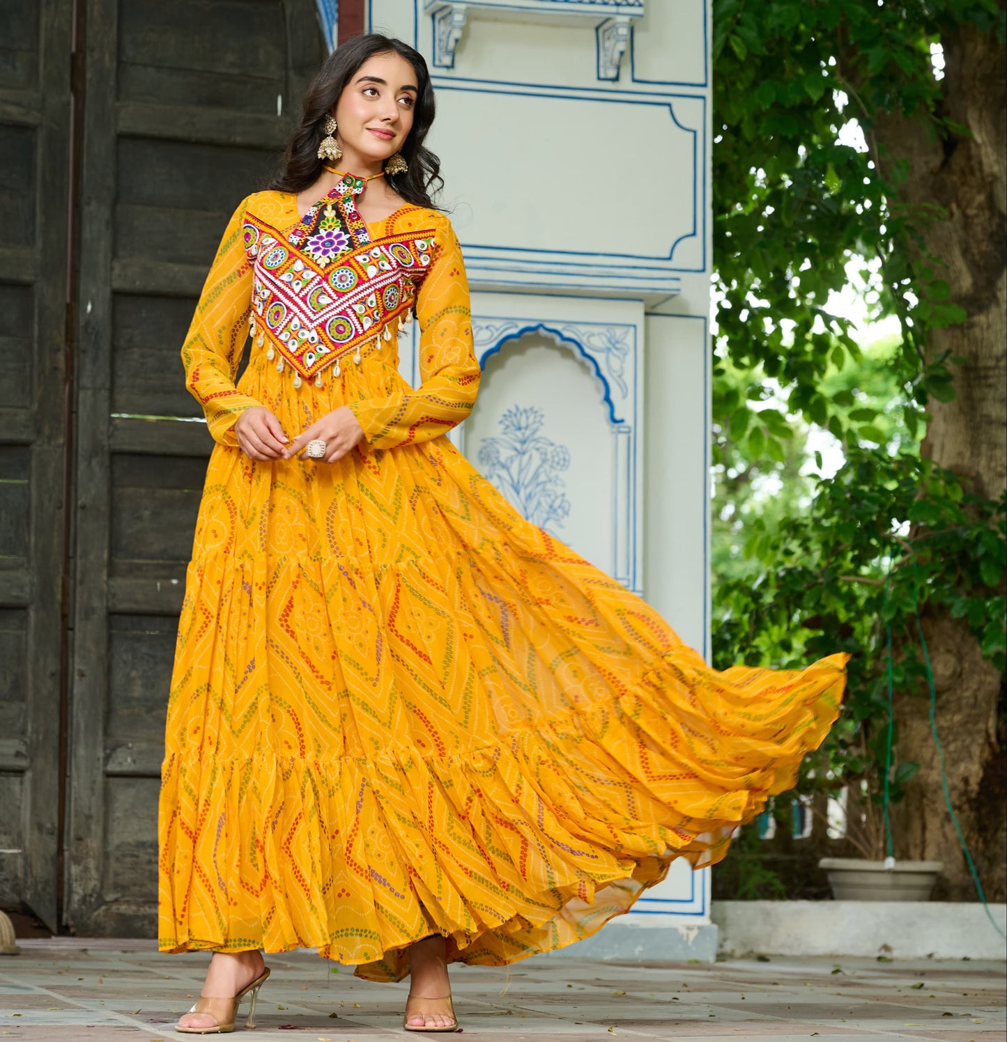 Yellow Bandhani Print With Kutchi Patchwork in Faux Georgette