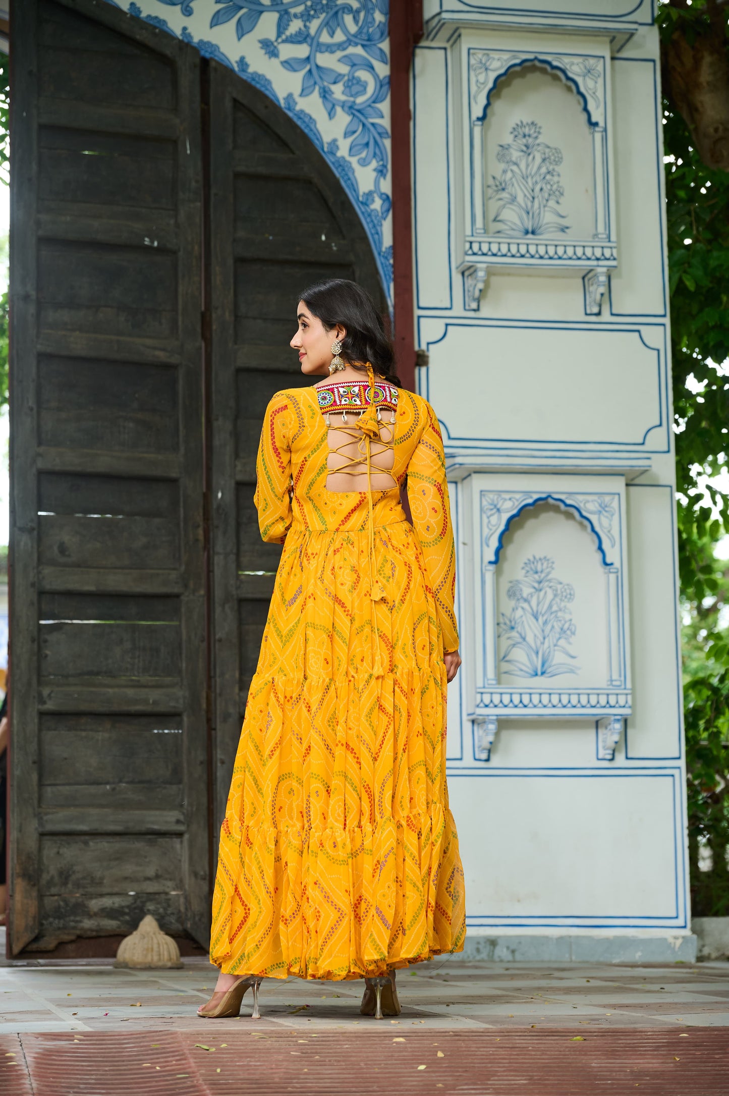 Yellow Bandhani Print With Kutchi Patchwork in Faux Georgette
