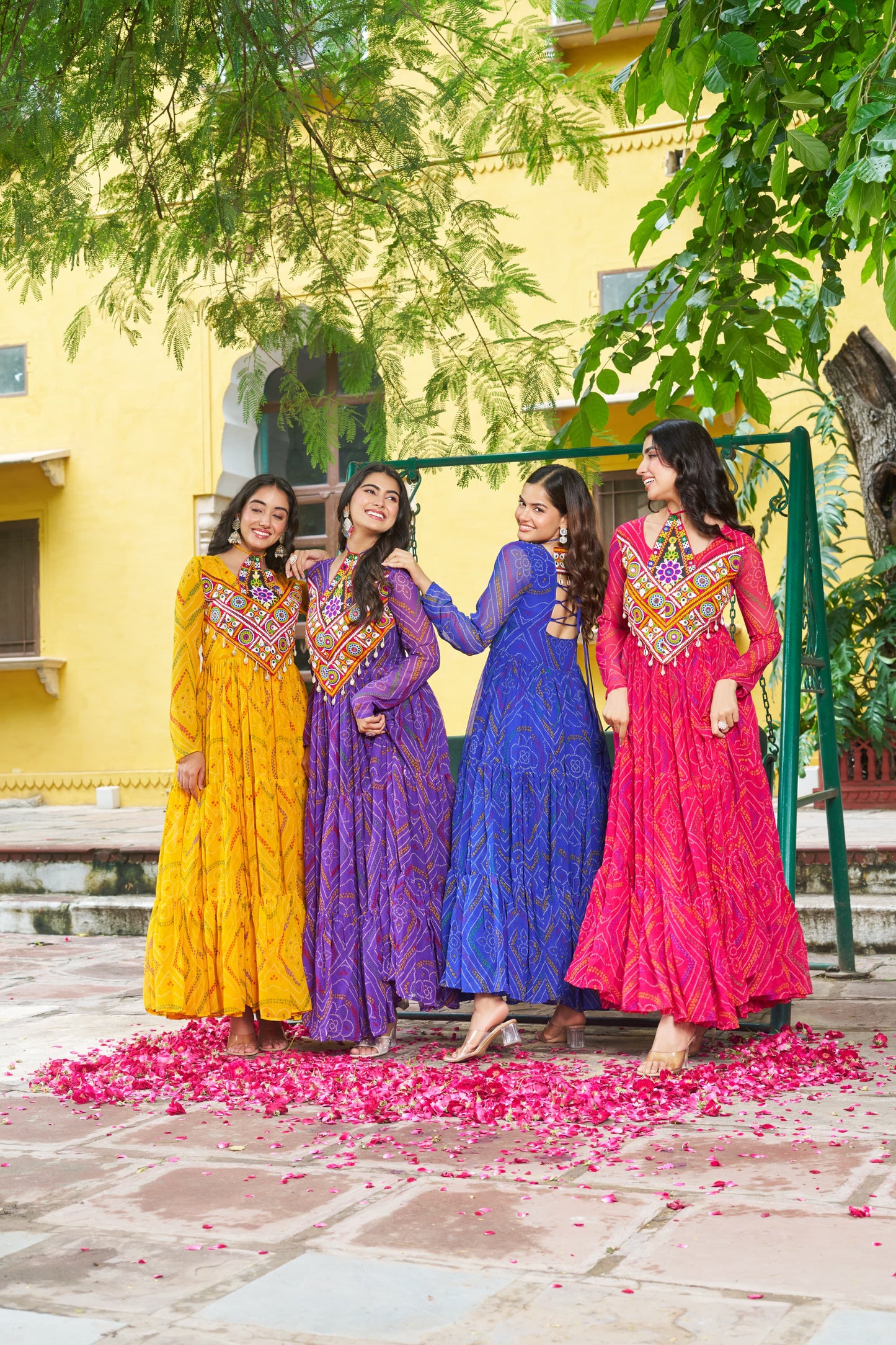 Yellow Bandhani Print With Kutchi Patchwork in Faux Georgette