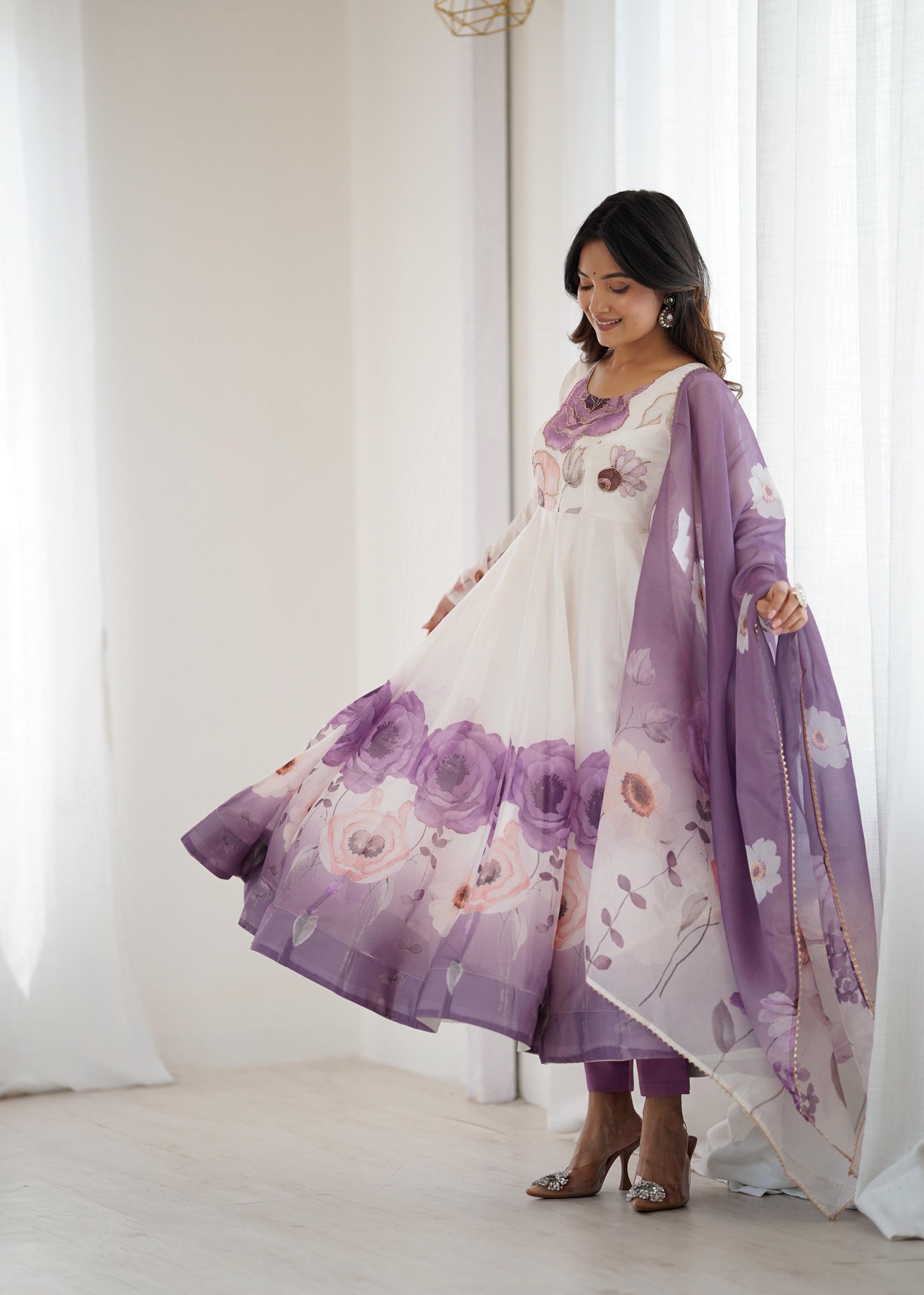 Violet Soft Organza Silk Jari Floral Work 3pc Kurta Set