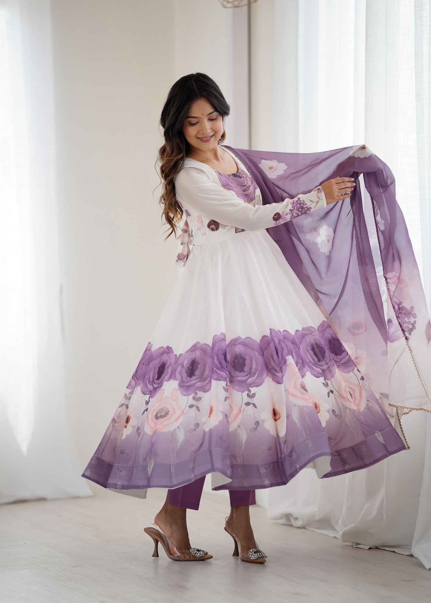 Violet Soft Organza Silk Jari Floral Work 3pc Kurta Set