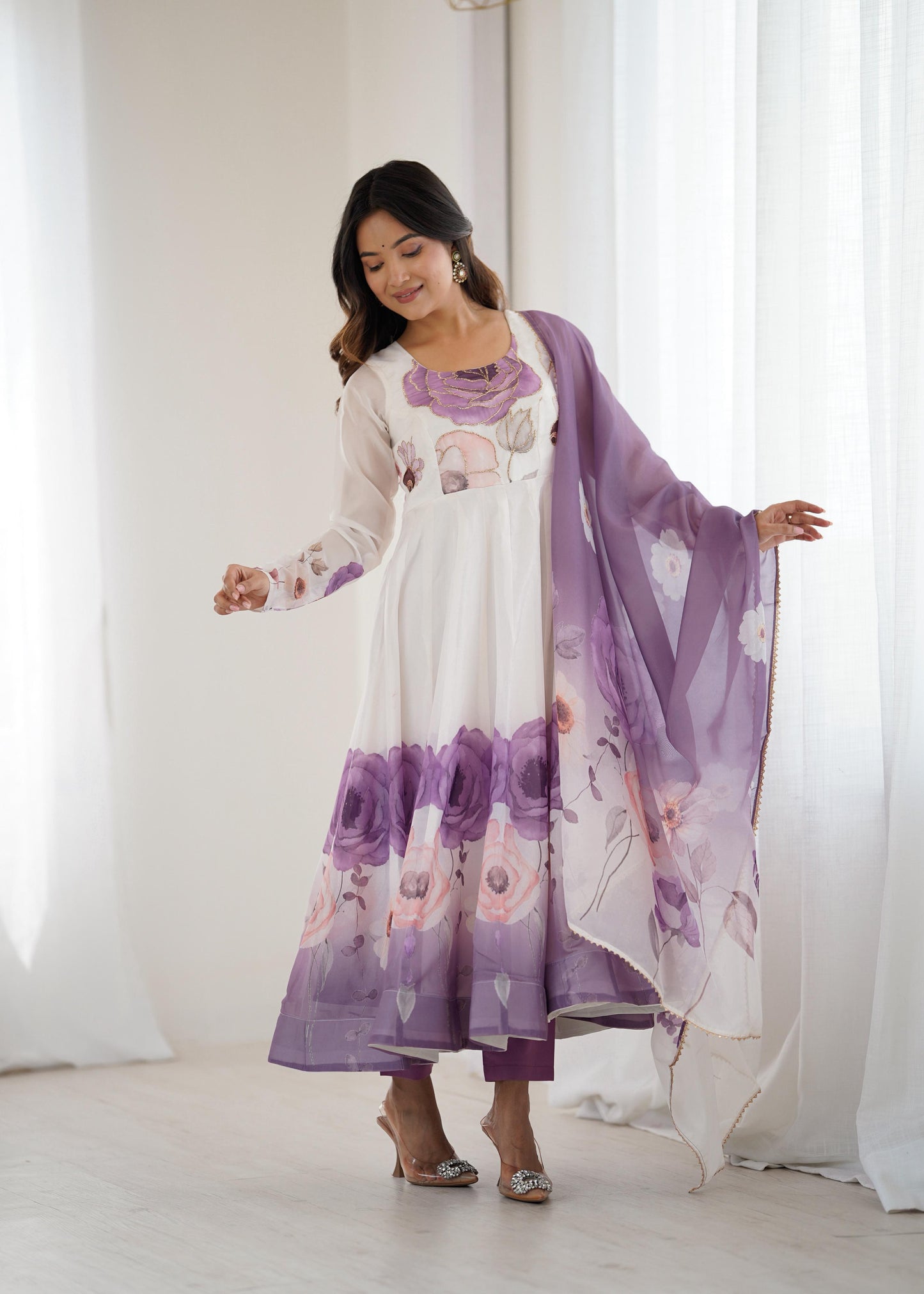 Violet Soft Organza Silk Jari Floral Work 3pc Kurta Set