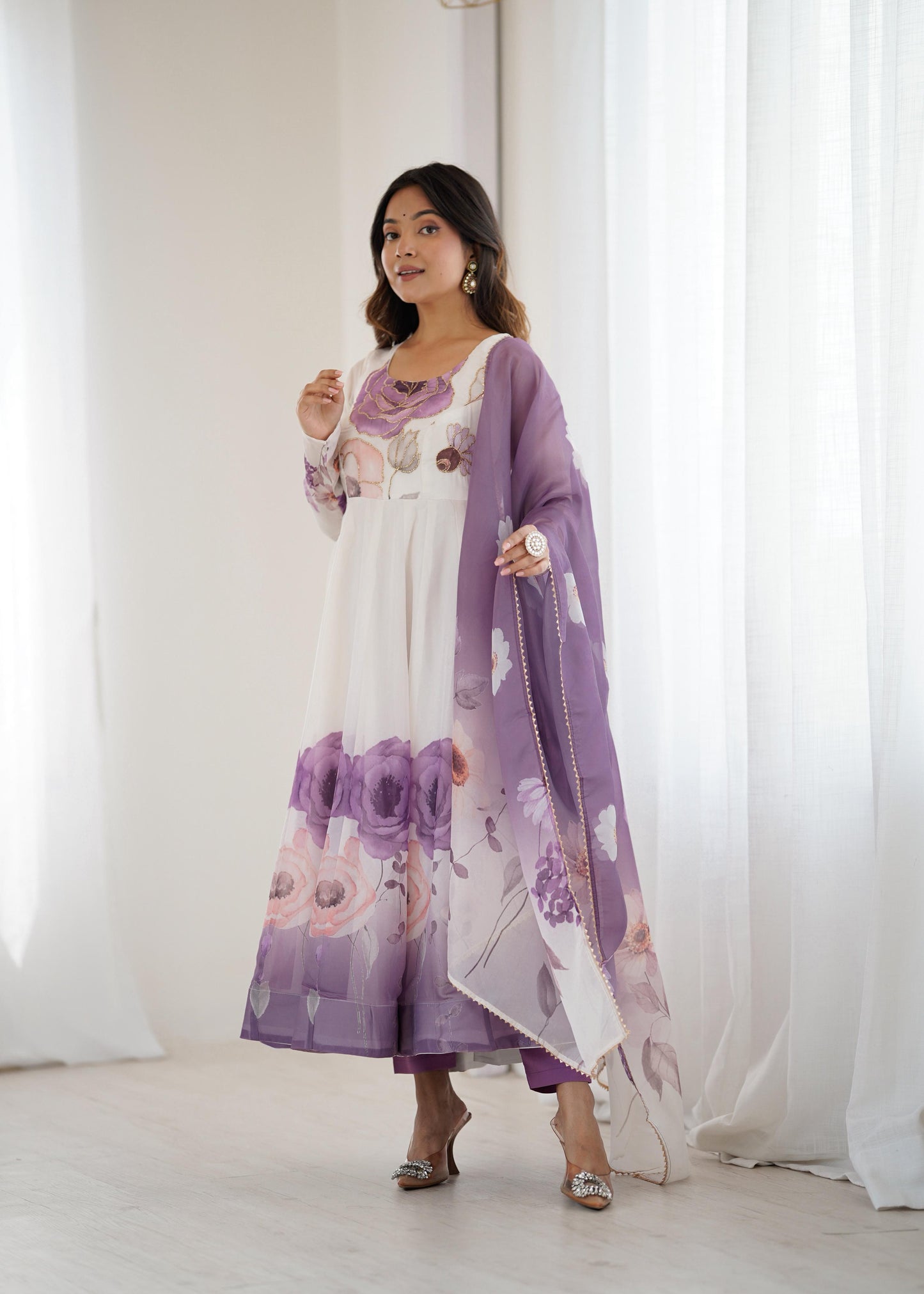 Violet Soft Organza Silk Jari Floral Work 3pc Kurta Set