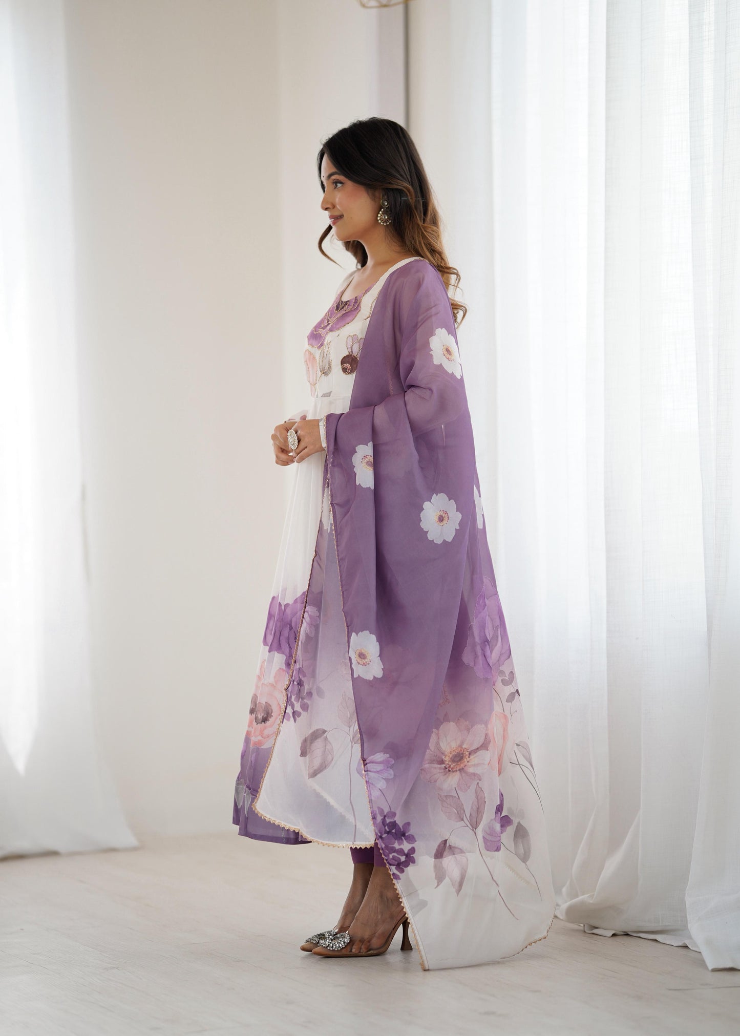 Violet Soft Organza Silk Jari Floral Work 3pc Kurta Set
