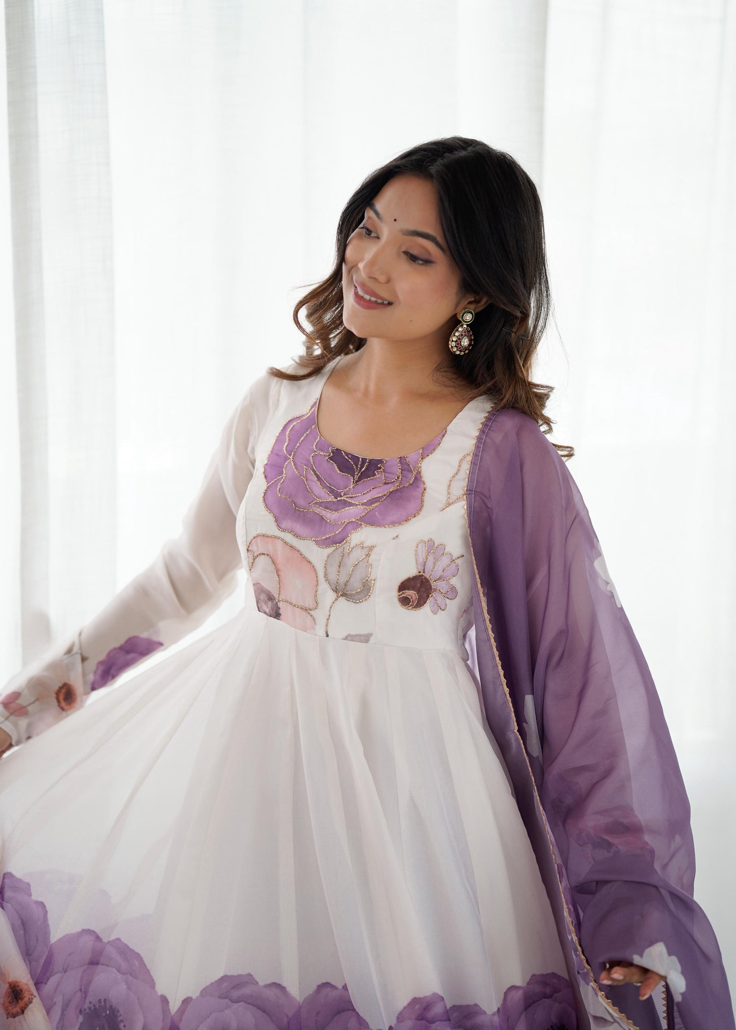 Violet Soft Organza Silk Jari Floral Work 3pc Kurta Set