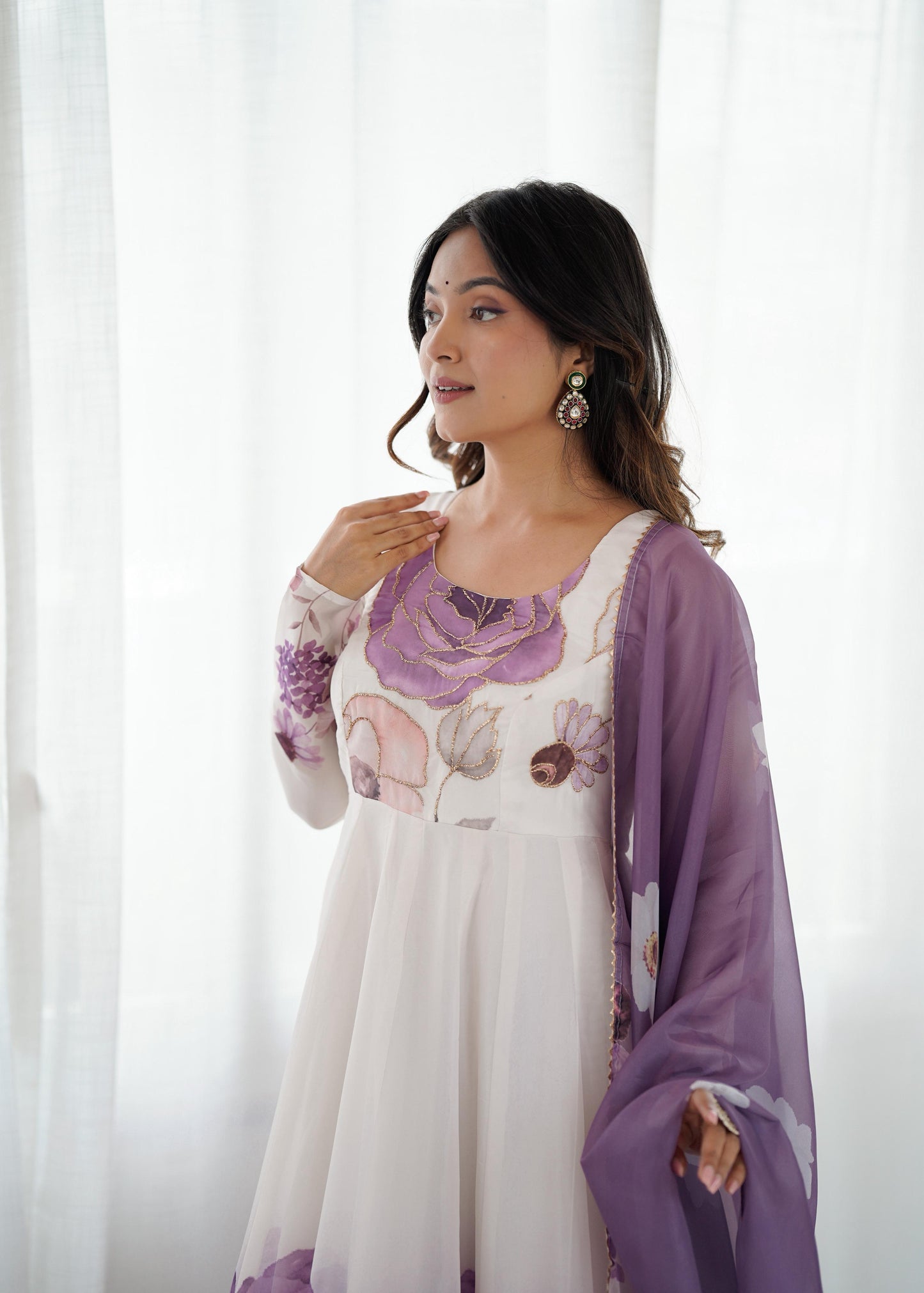 Violet Soft Organza Silk Jari Floral Work 3pc Kurta Set