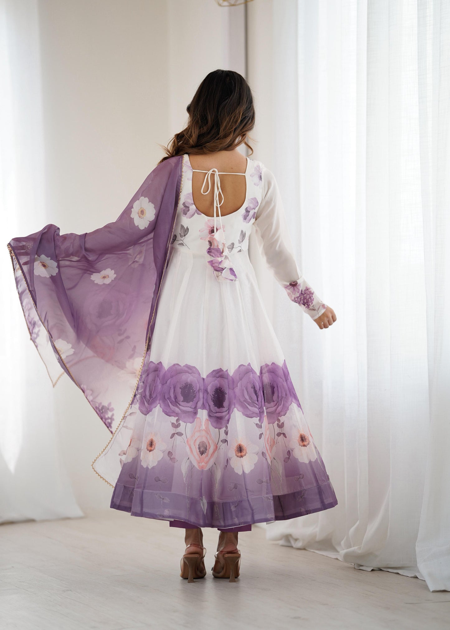Violet Soft Organza Silk Jari Floral Work 3pc Kurta Set