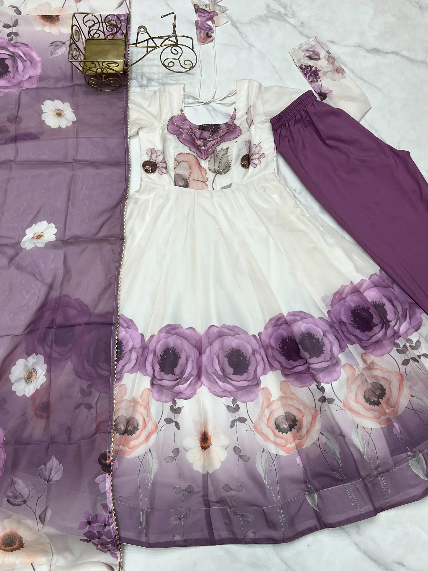 Violet Soft Organza Silk Jari Floral Work 3pc Kurta Set