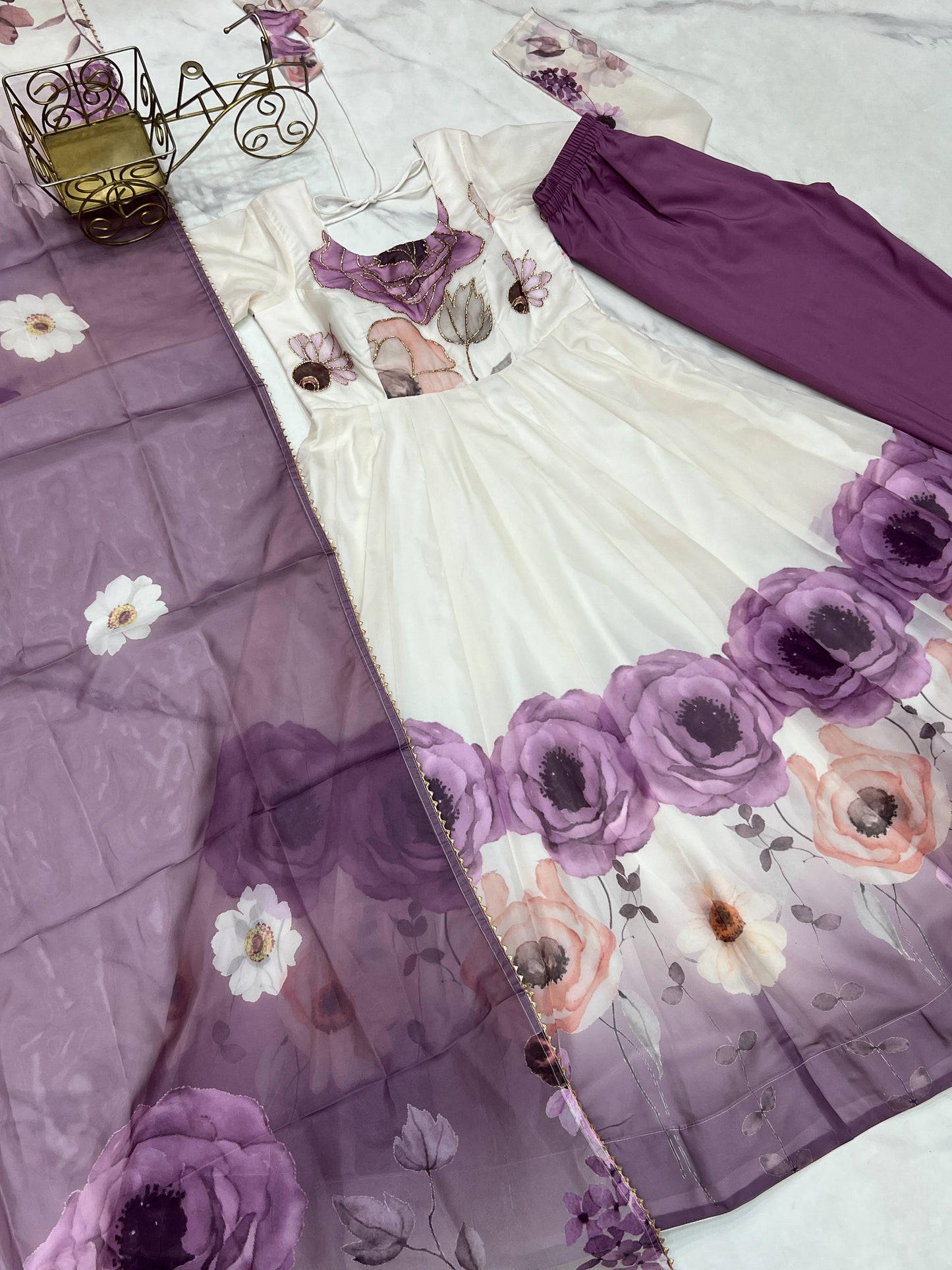 Violet Soft Organza Silk Jari Floral Work 3pc Kurta Set