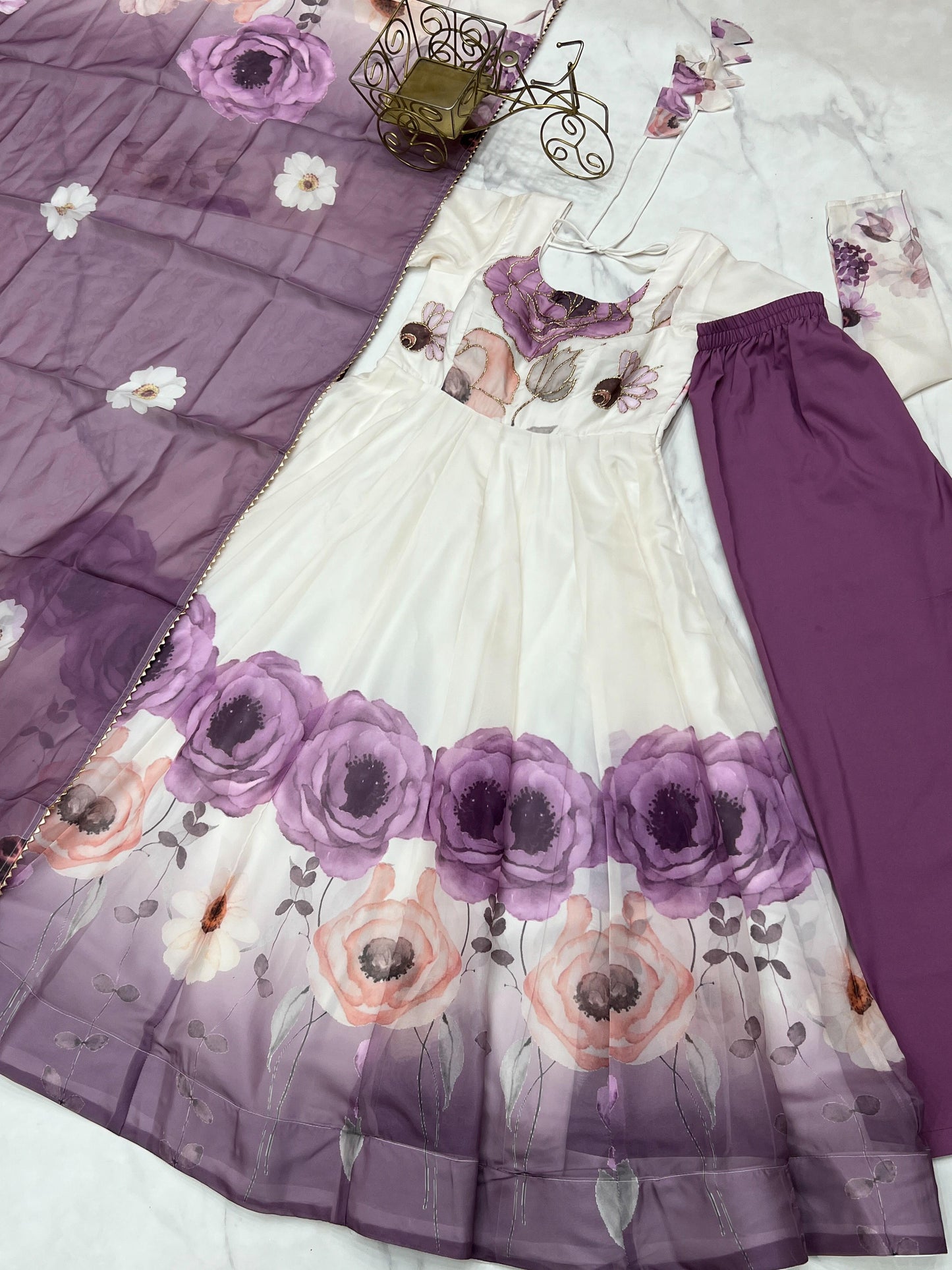 Violet Soft Organza Silk Jari Floral Work 3pc Kurta Set