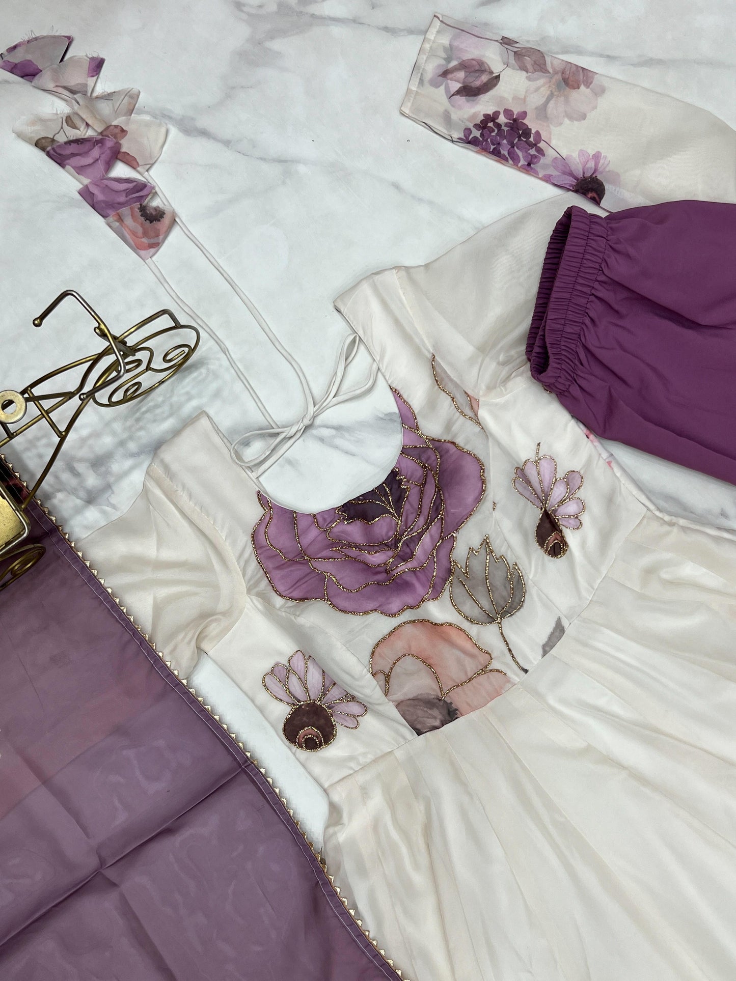 Violet Soft Organza Silk Jari Floral Work 3pc Kurta Set
