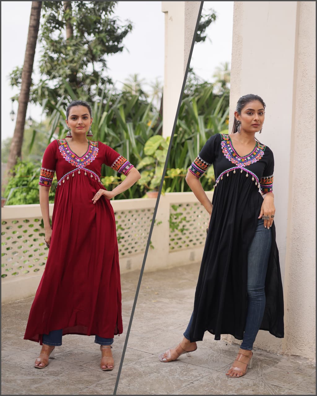 Black Reyon with Kutchi Gamthi work Kurti