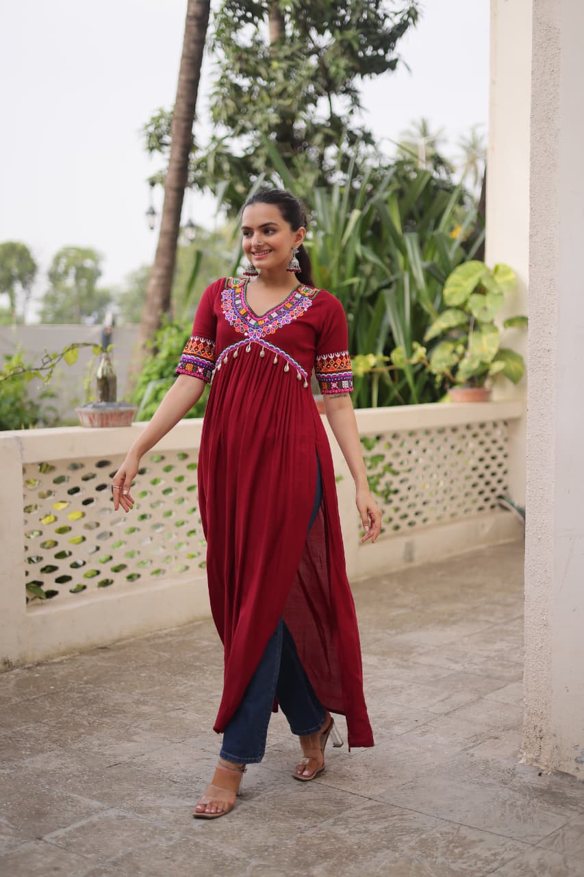 Black Reyon with Kutchi Gamthi work Kurti