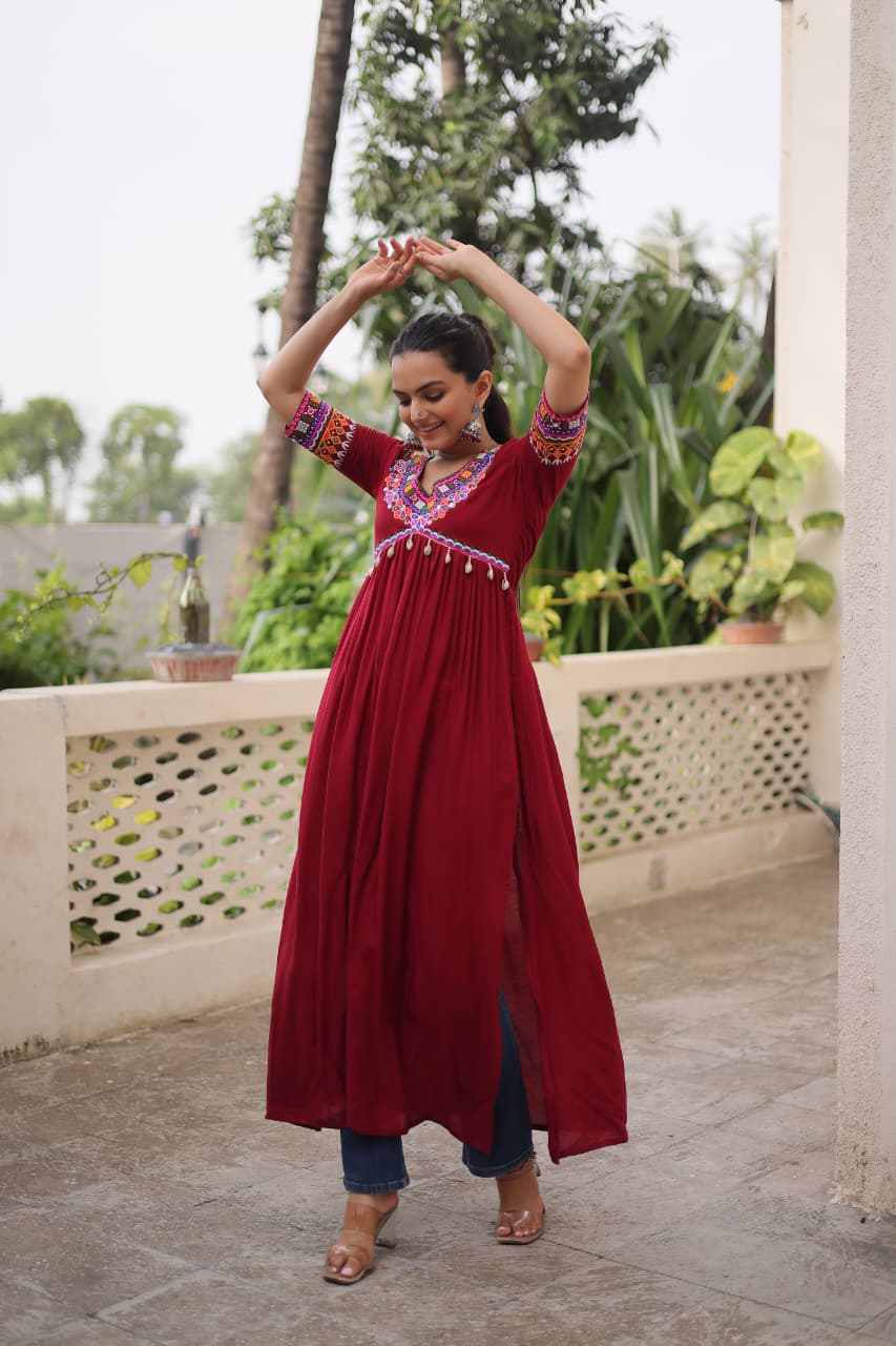 Black Reyon with Kutchi Gamthi work Kurti