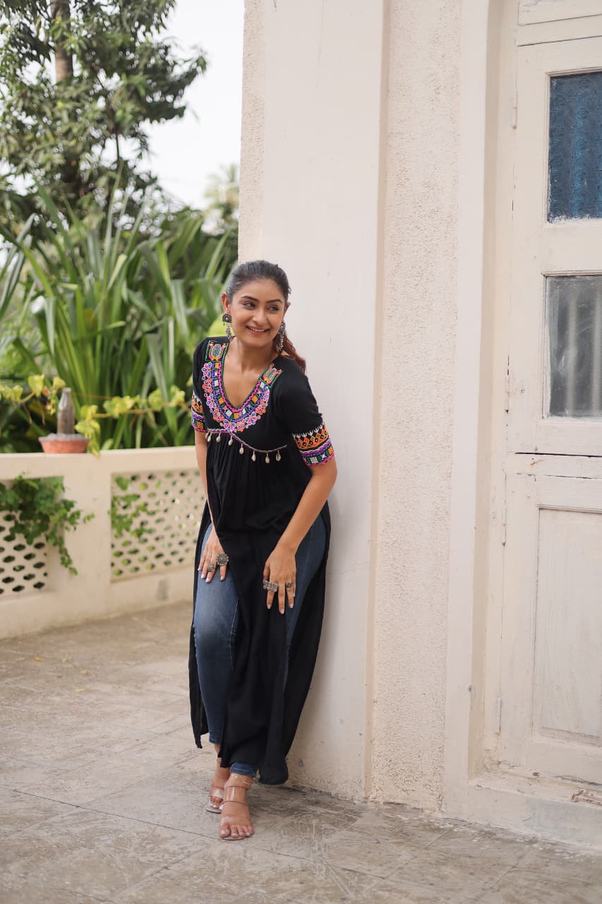Black Reyon with Kutchi Gamthi work Kurti
