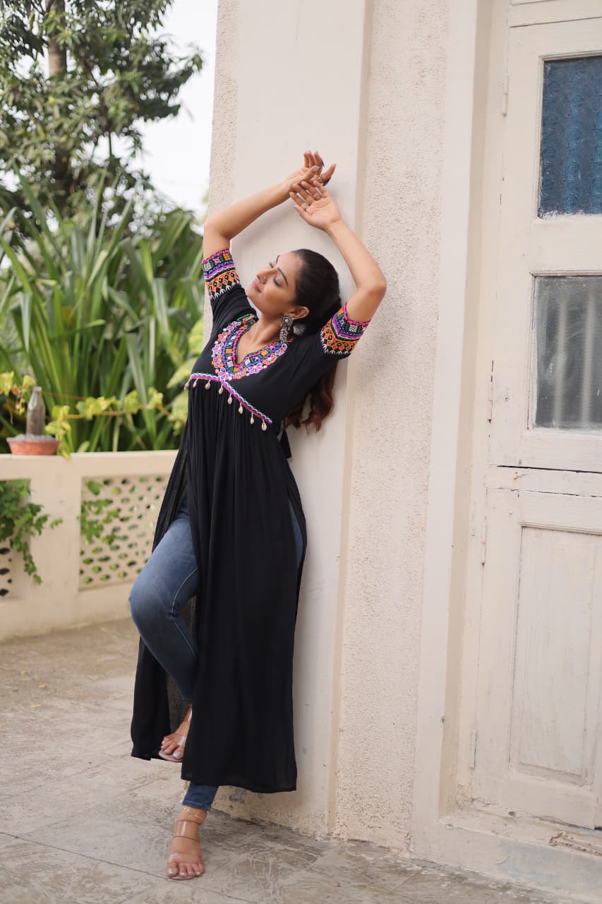 Black Reyon with Kutchi Gamthi work Kurti