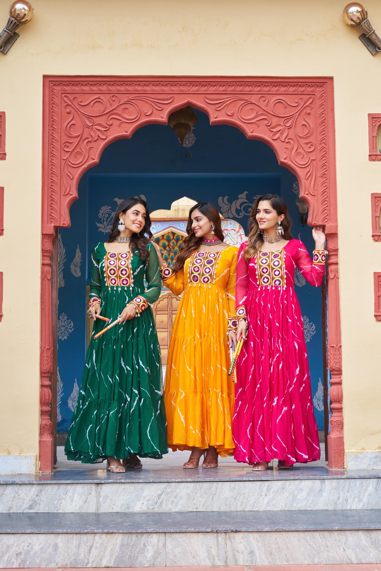 Green Laheriya Print with Kutchi Patchwork Gown