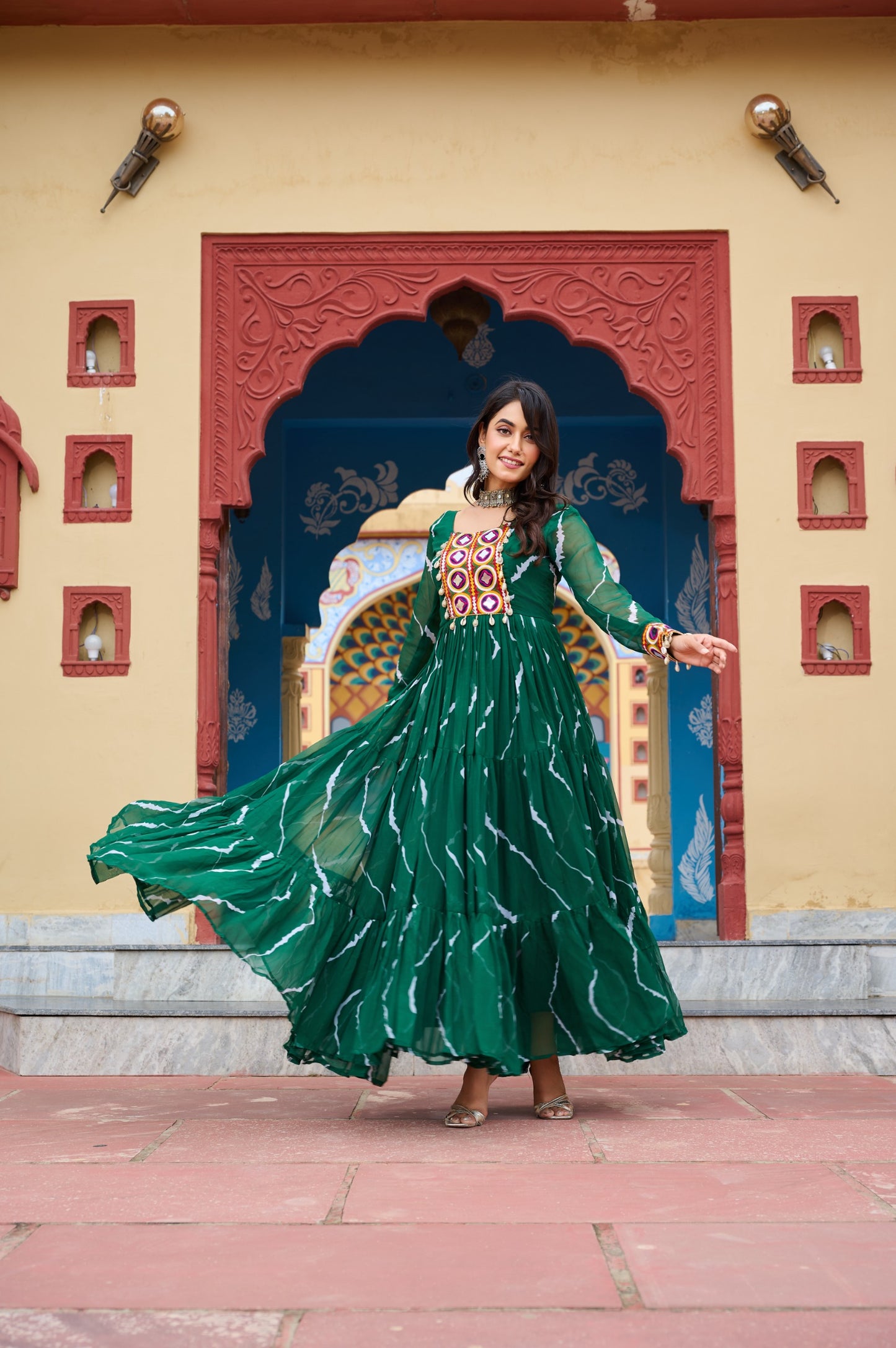 Green Laheriya Print with Kutchi Patchwork Gown