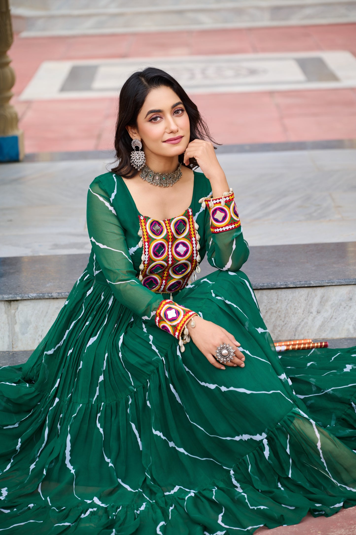 Green Laheriya Print with Kutchi Patchwork Gown