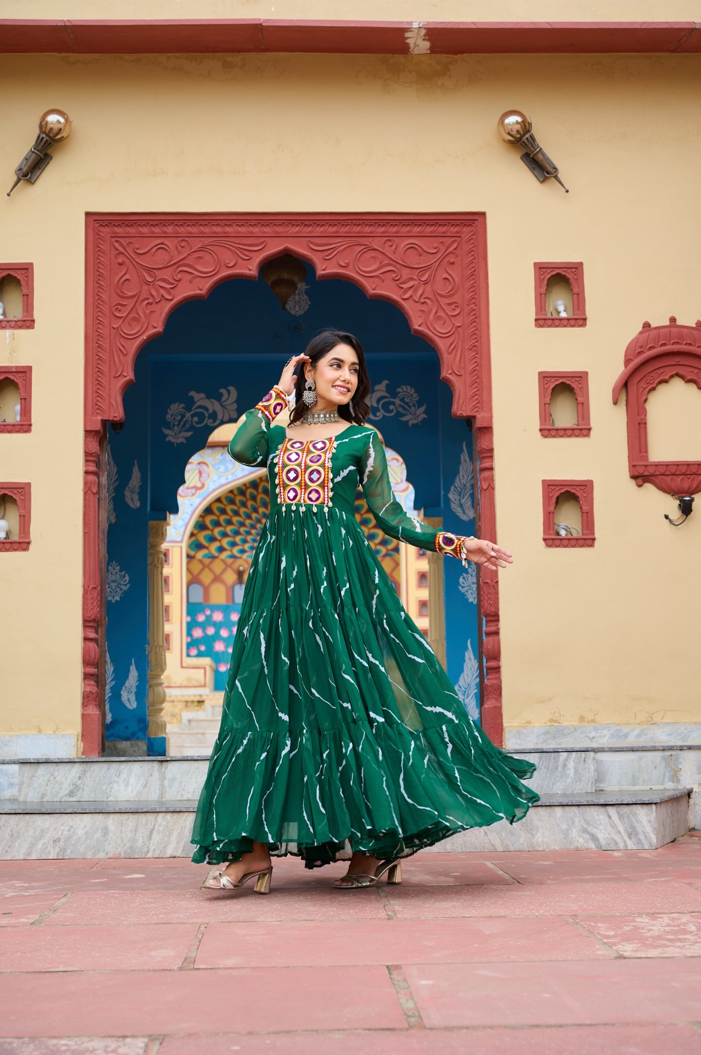 Green Laheriya Print with Kutchi Patchwork Gown