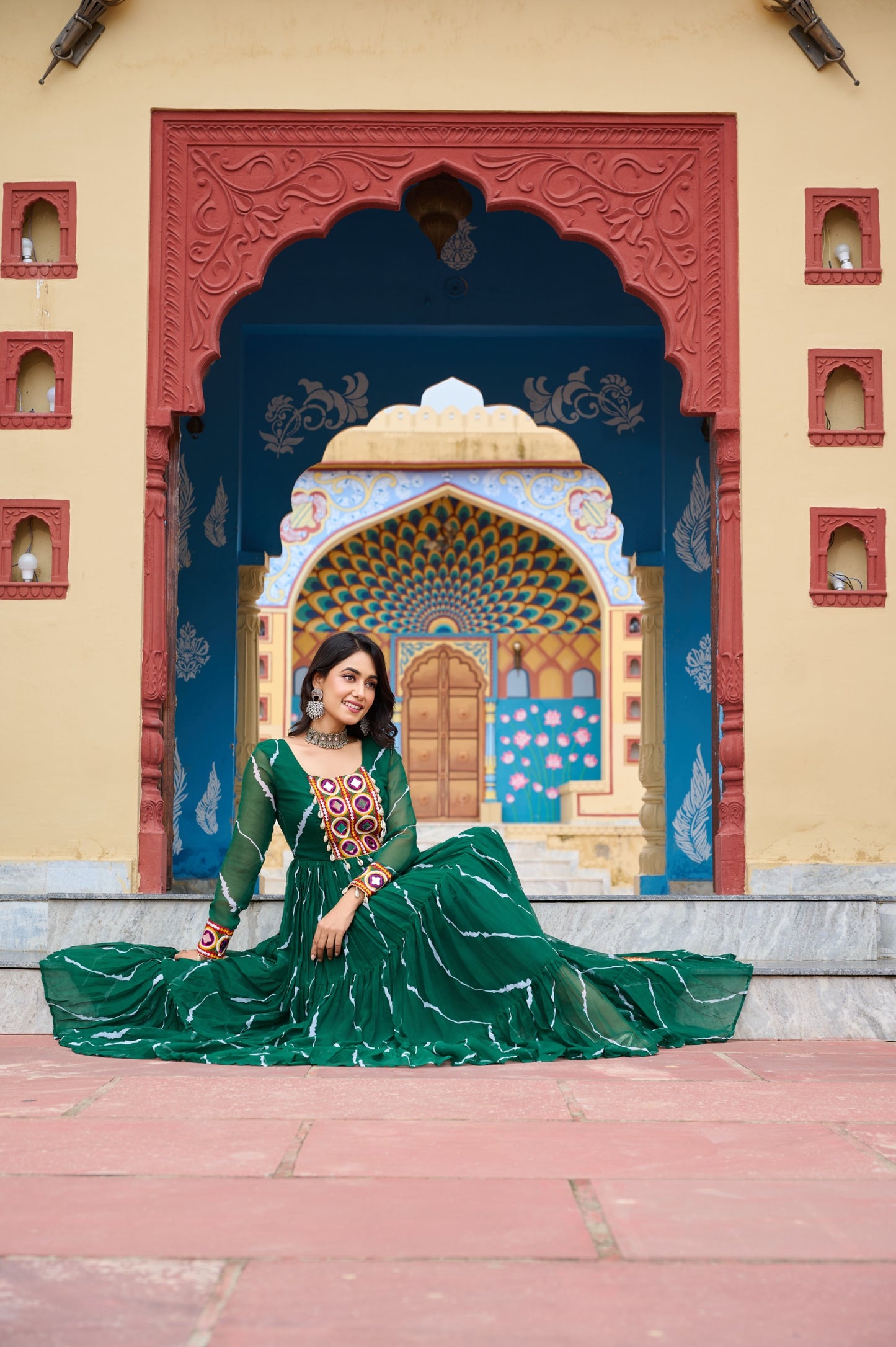 Green Laheriya Print with Kutchi Patchwork Gown