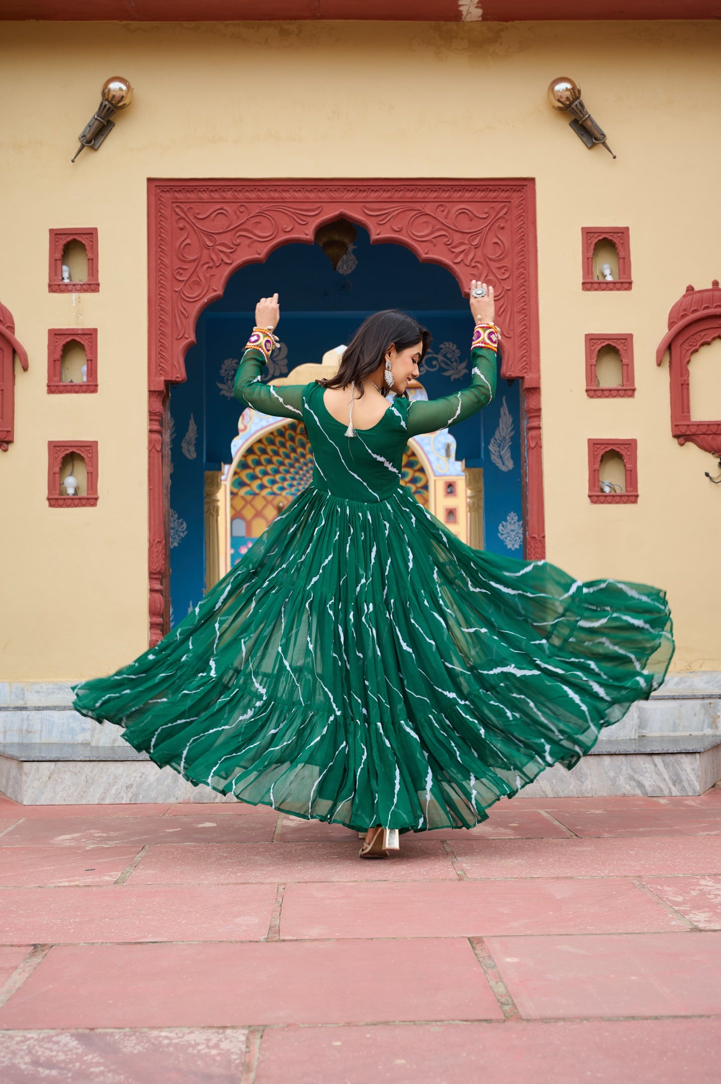 Green Laheriya Print with Kutchi Patchwork Gown