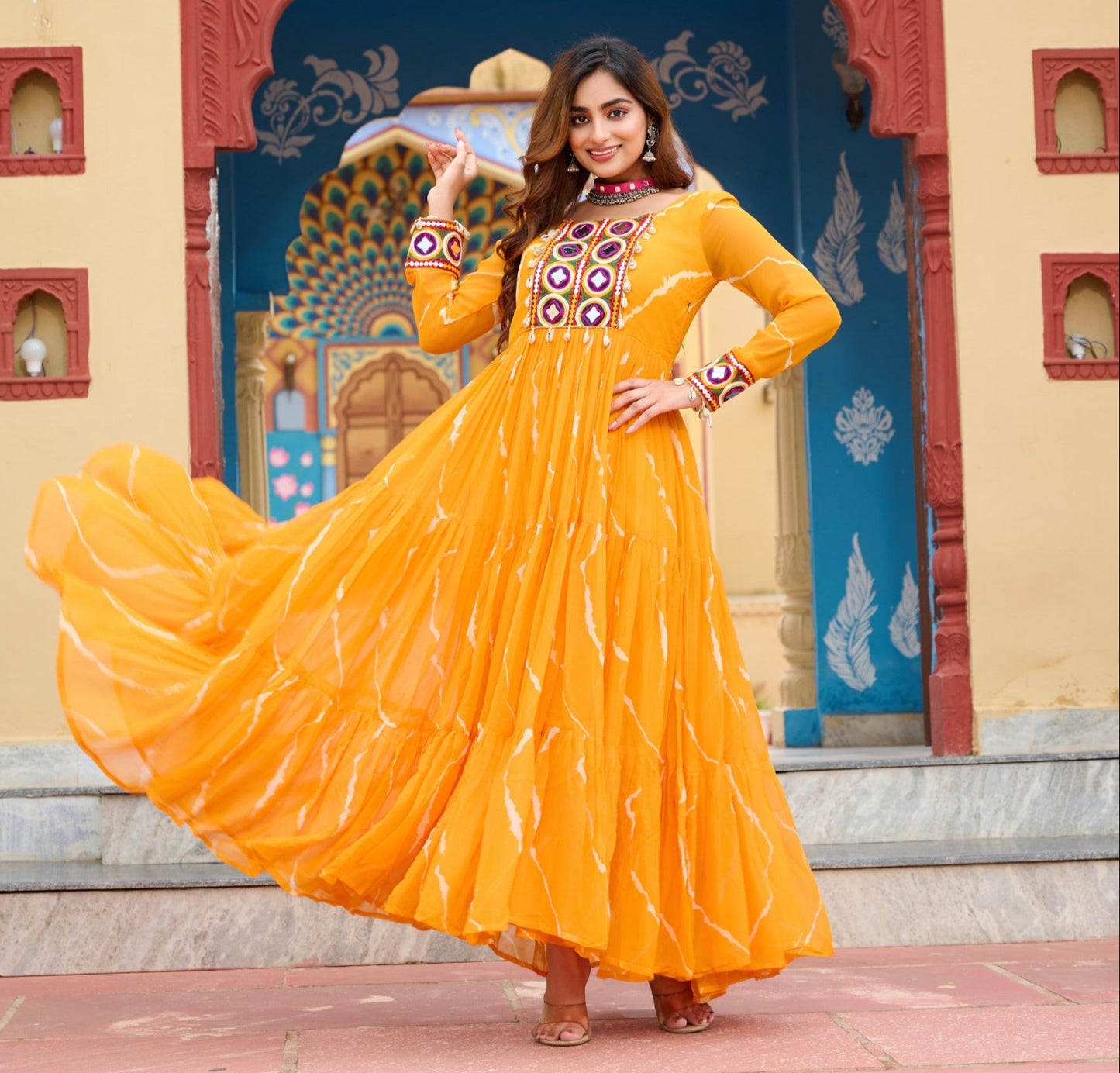 Yellow Laheriya Print with Kutchi Patchwork Gown