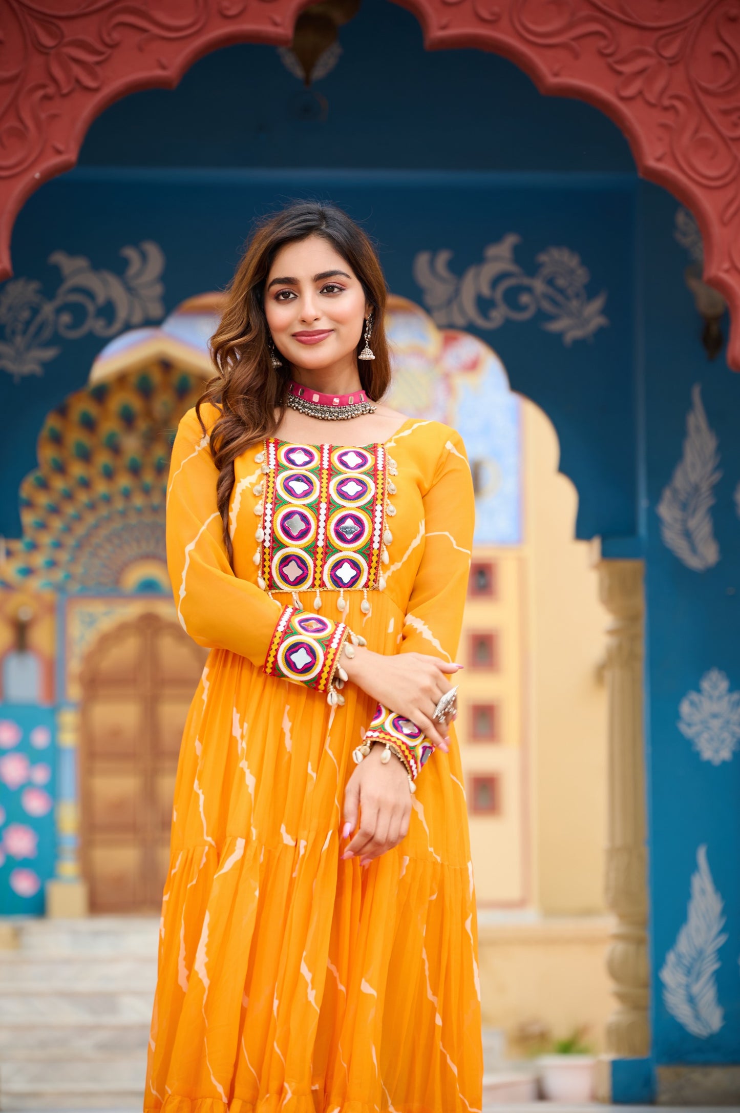 Yellow Laheriya Print with Kutchi Patchwork Gown