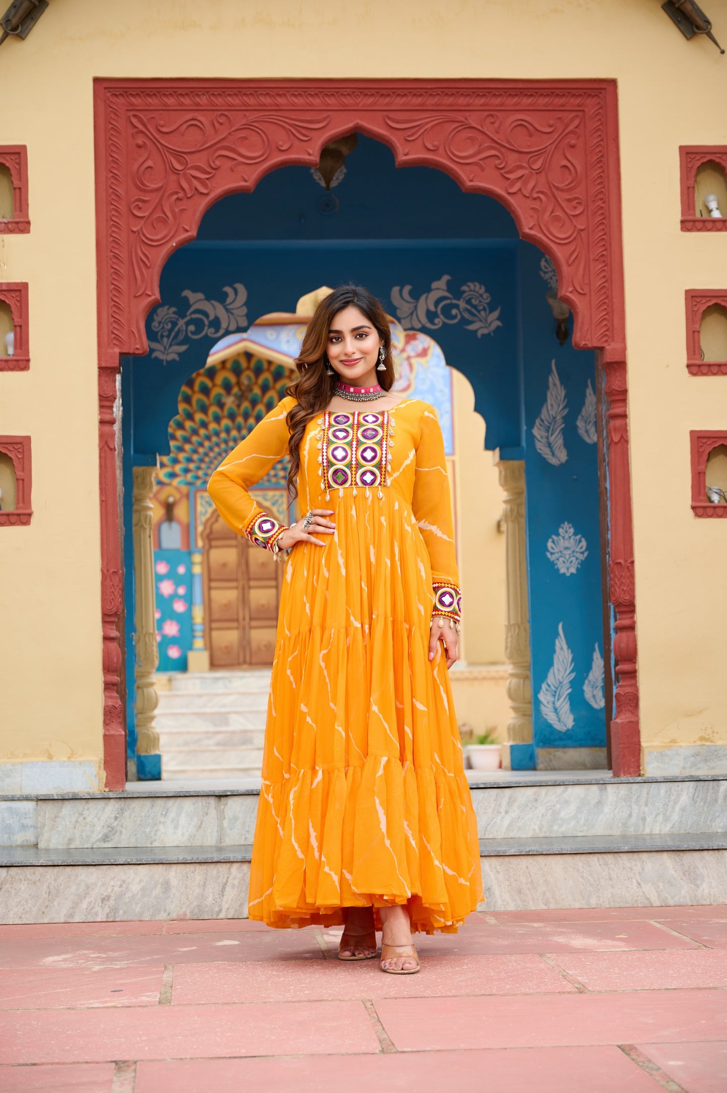 Yellow Laheriya Print with Kutchi Patchwork Gown
