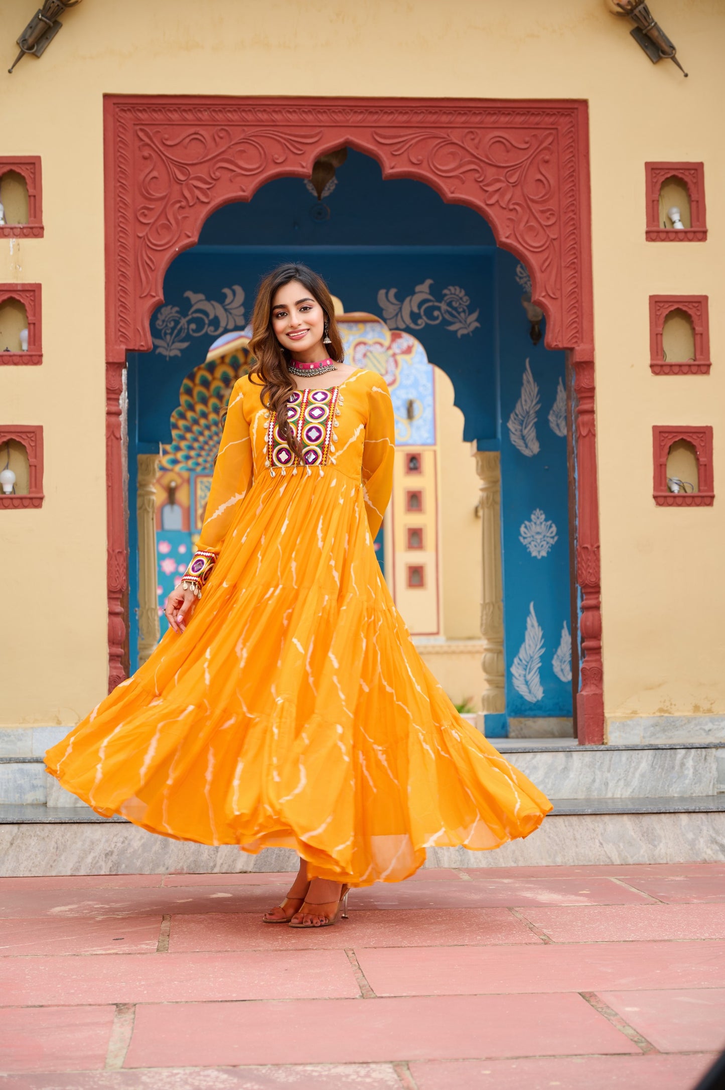 Yellow Laheriya Print with Kutchi Patchwork Gown
