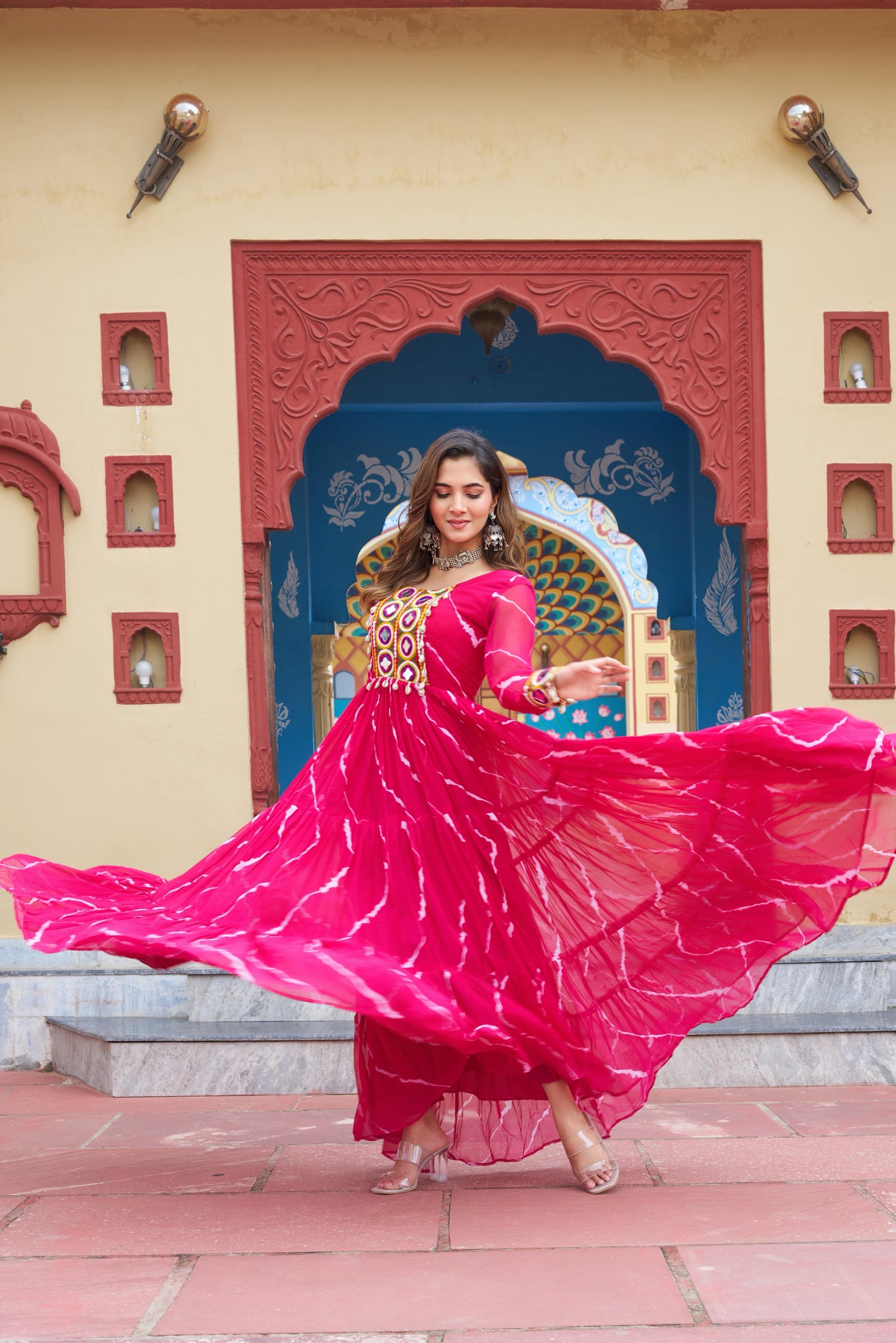 Pink Laheriya Print with Kutchi Patchwork Gown