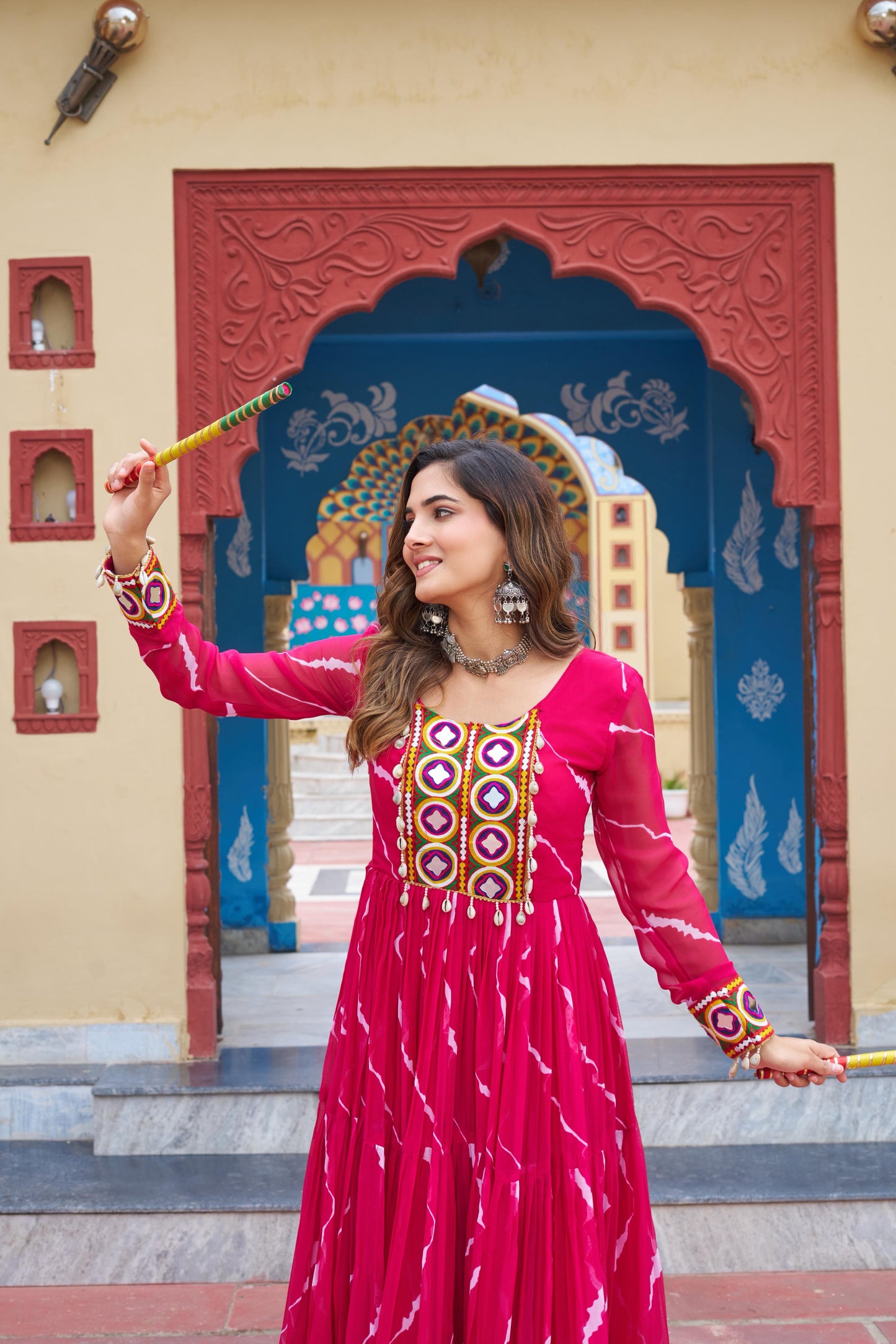 Pink Laheriya Print with Kutchi Patchwork Gown