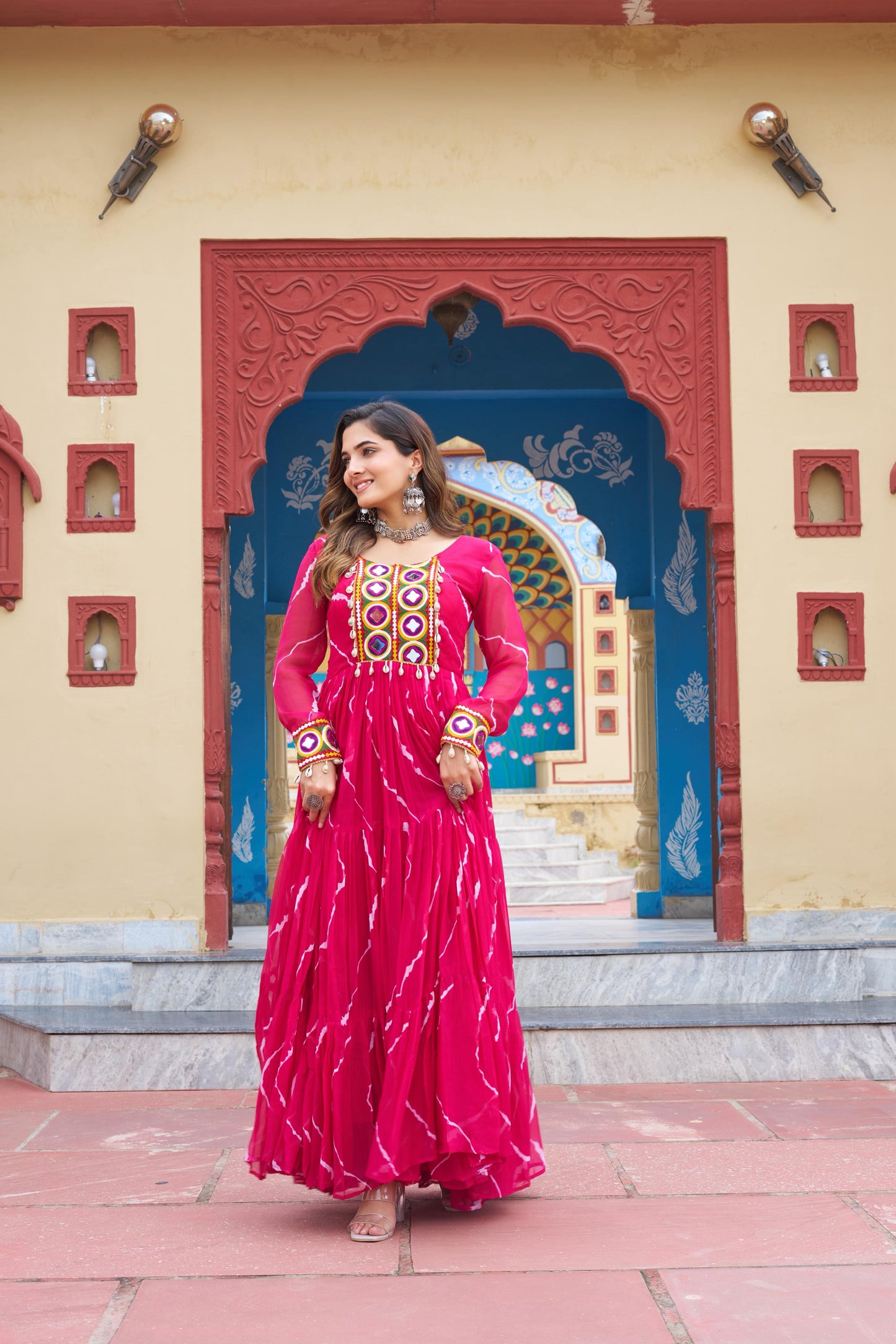 Pink Laheriya Print with Kutchi Patchwork Gown