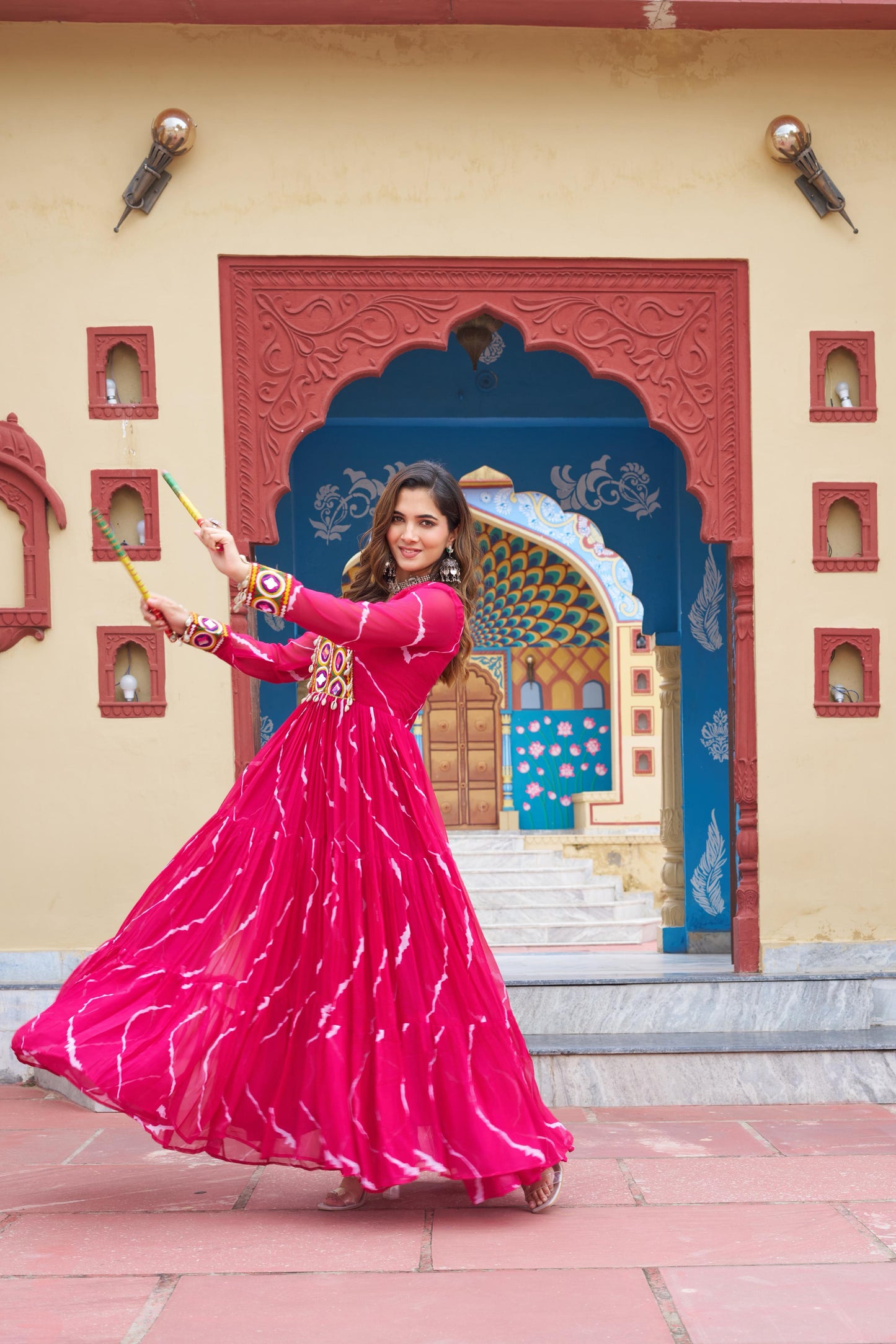 Pink Laheriya Print with Kutchi Patchwork Gown