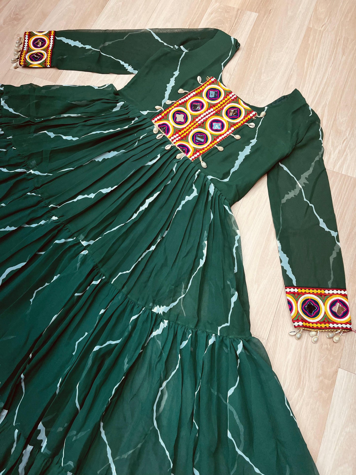 Green Laheriya Print with Kutchi Patchwork Gown
