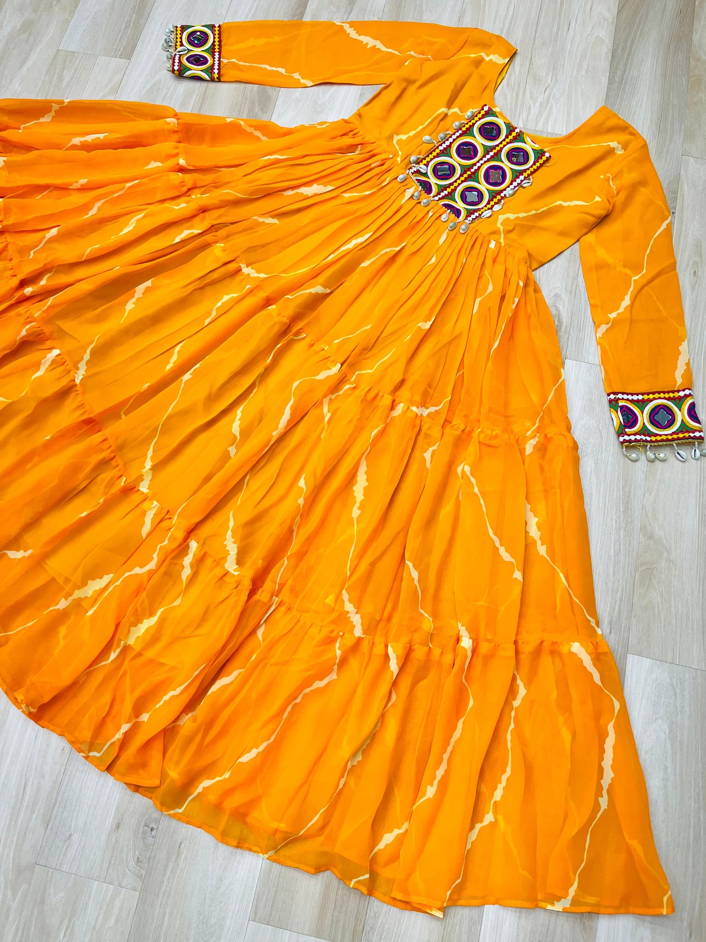 Yellow Laheriya Print with Kutchi Patchwork Gown