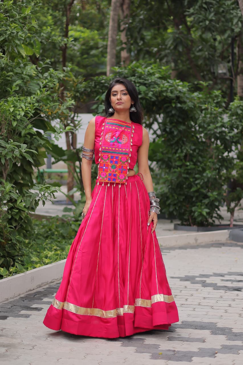 Pink color Roman Embroidered & Mirror Work Lehenga Top