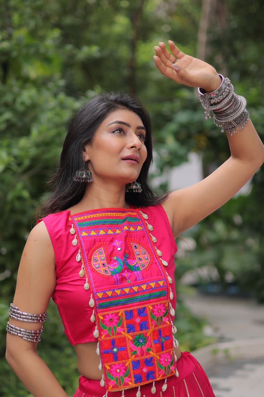 Pink color Roman Embroidered & Mirror Work Lehenga Top