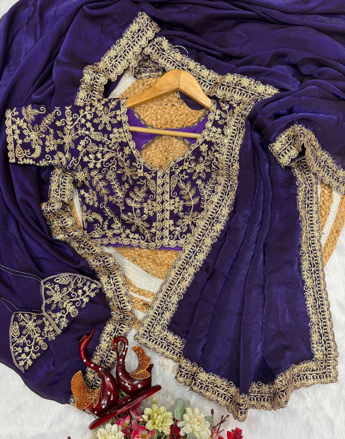 Purple Soft Space Silk Embroidery Border Work Saree