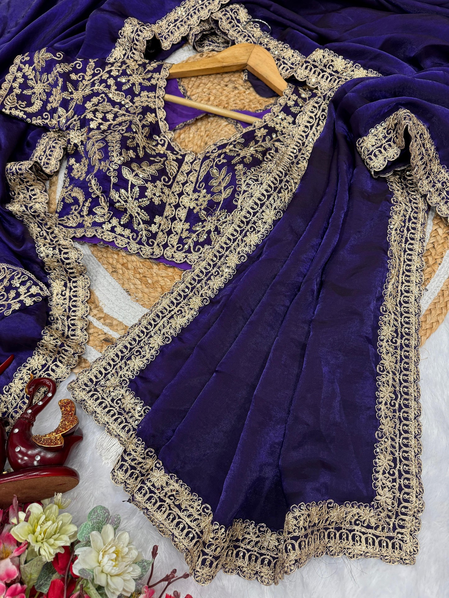 Purple Soft Space Silk Embroidery Border Work Saree