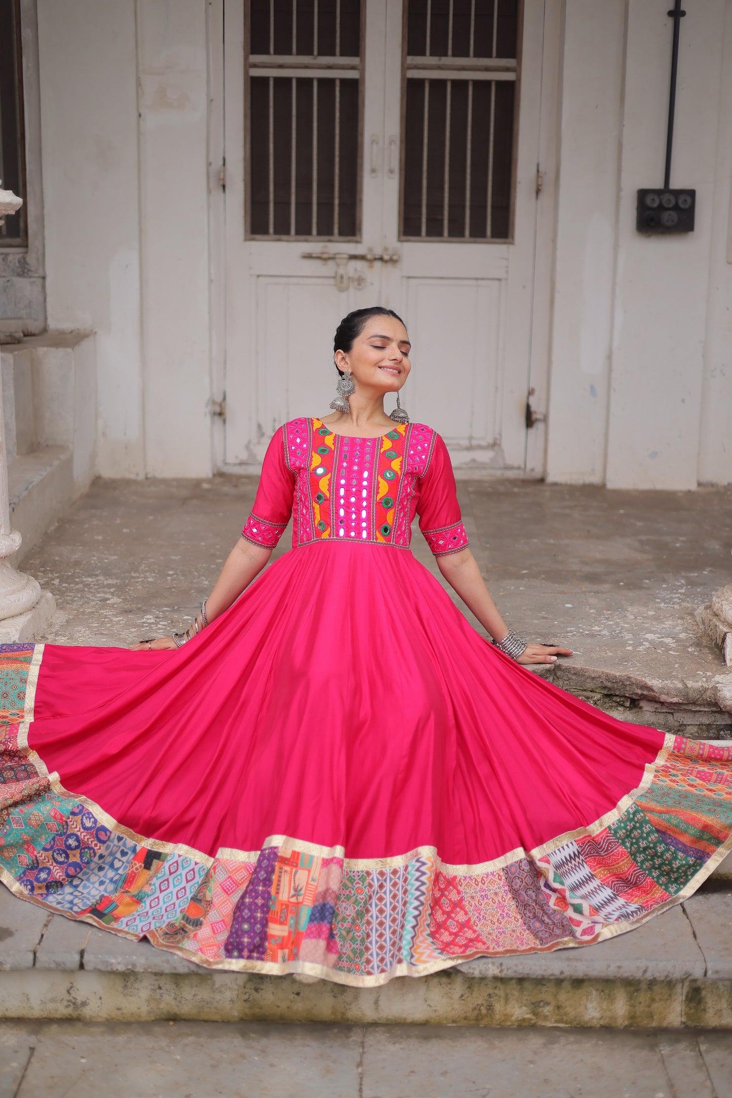 Pink Mirror Work & Maslin Crochet Print Work Gown