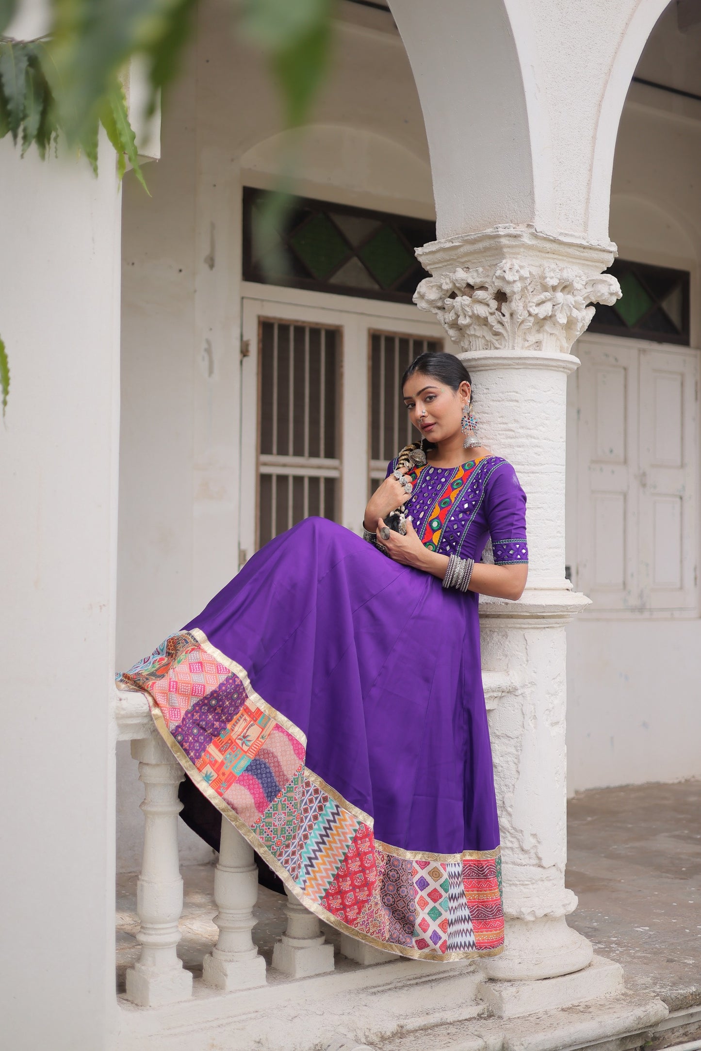 Purple Mirror Work & Maslin Crochet Print Work Gown